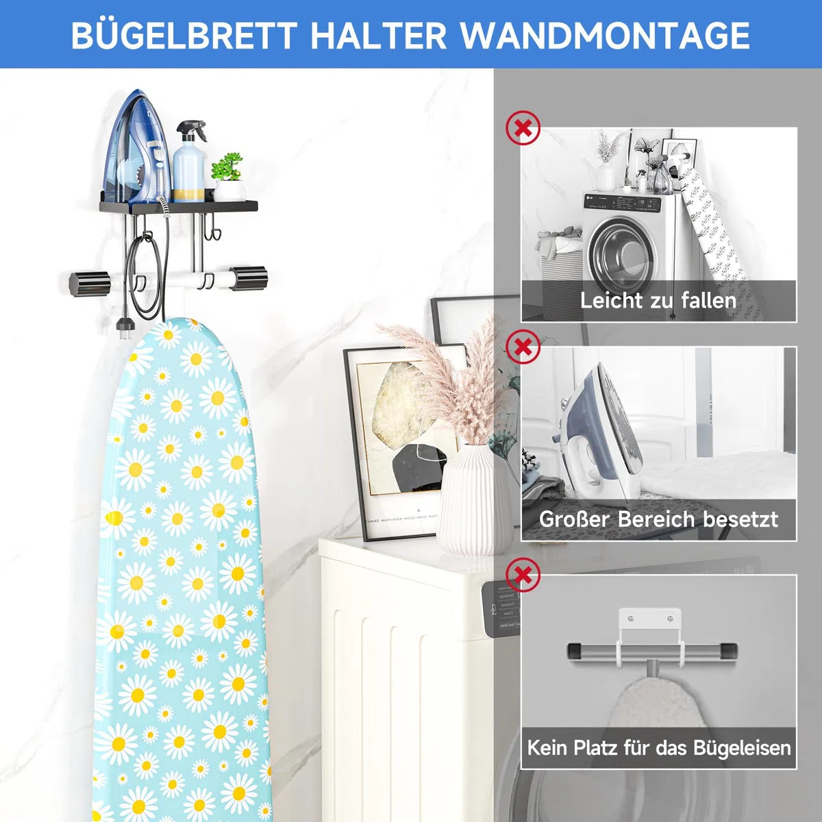 Bügelbrett Halterung Wand, Metall Bügelbrett Aufhänger Tür, Bügeleisen und Bügelbrett Halterung, Bügelbrett Wandhalterung mit Großem Ablage für Waschküchen Y oder T Förmige Schwarzer