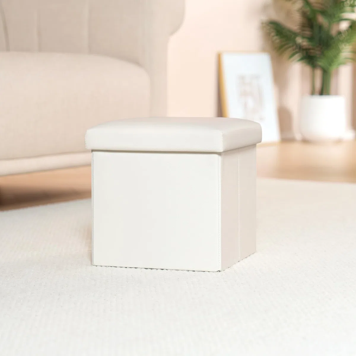 Bonlife Weiß Pouf Hocker Imitationsleder Kiste mit Deckel Sitztruhe Schlafzimmer Möbel Faltbare Truhe Aufbewahrung Maximale Belastung 150kg 30x30x30cm