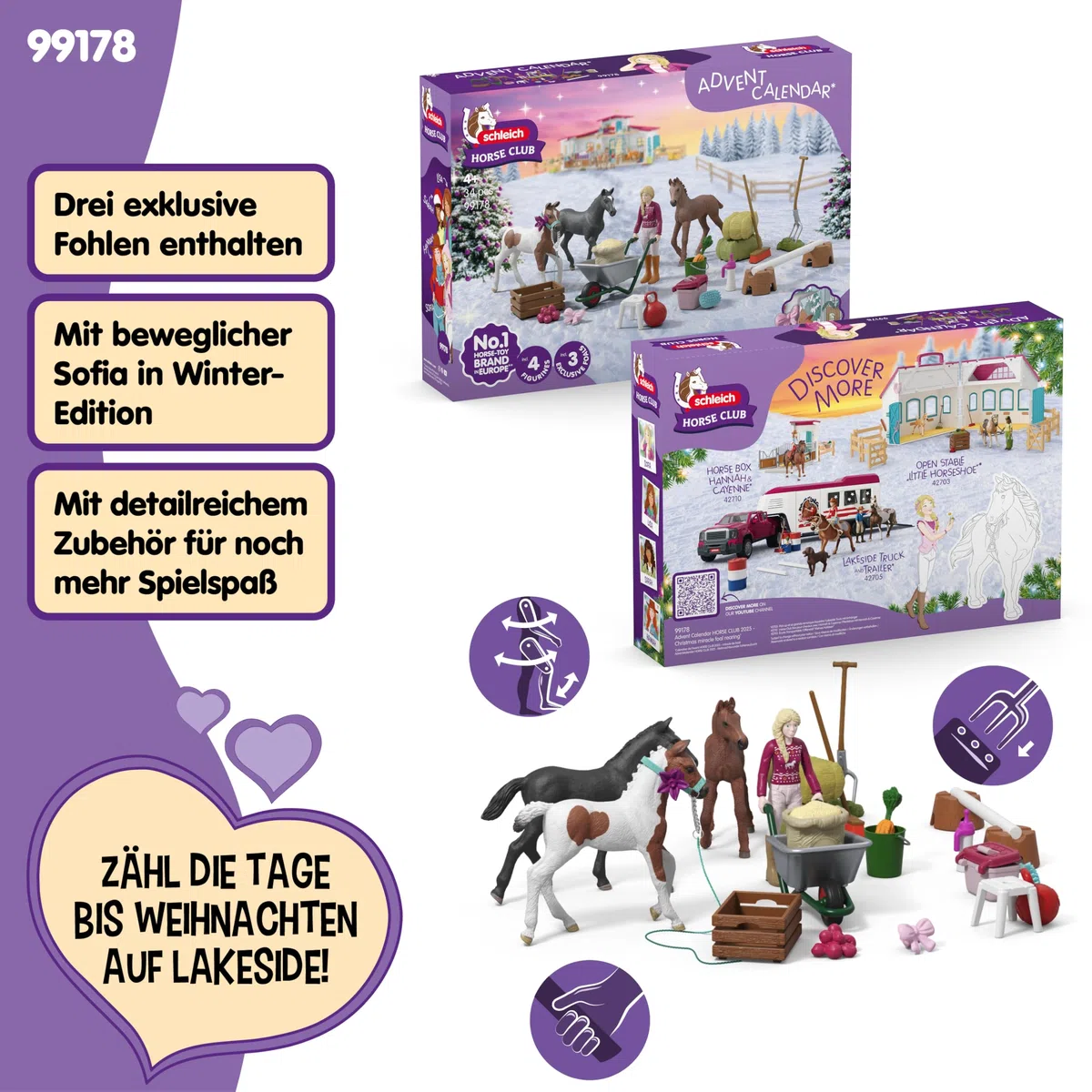 schleich Horse Club | Adventskalender Horse Club 2025 – Weihnachtswunder Fohlenaufzucht 99178 | mit beweglicher Figur Sofia, 3 Pferdefiguren & Zubehör | Geschenkidee für Kinder ab 5 Jahren | 34 Teile