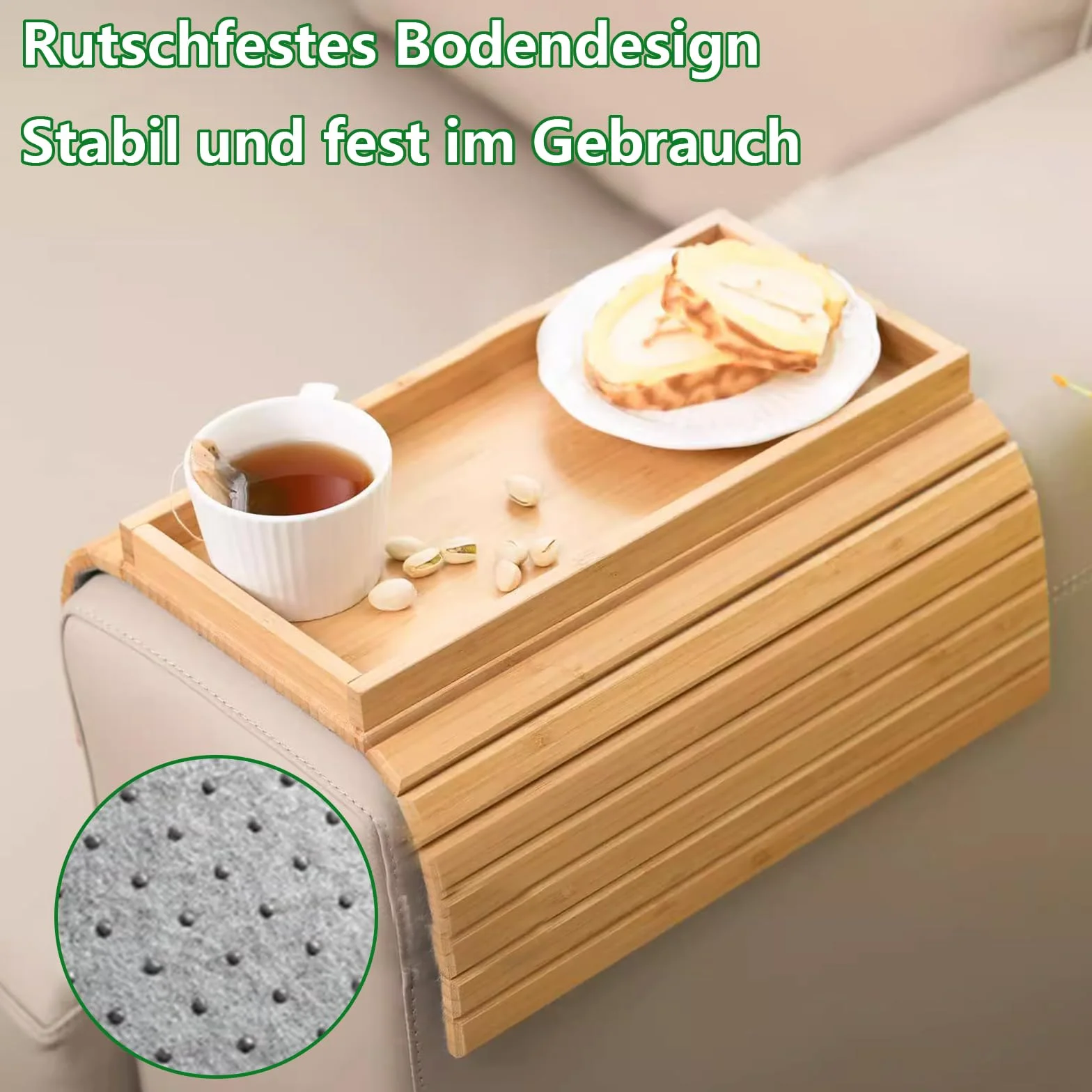 Sofatablett Armlehne aus Bambus Flexibles Couch Tablett Bambus Getränkehalter Faltbar Couchablage für Snacks, Handy, Steuerung, Tassen