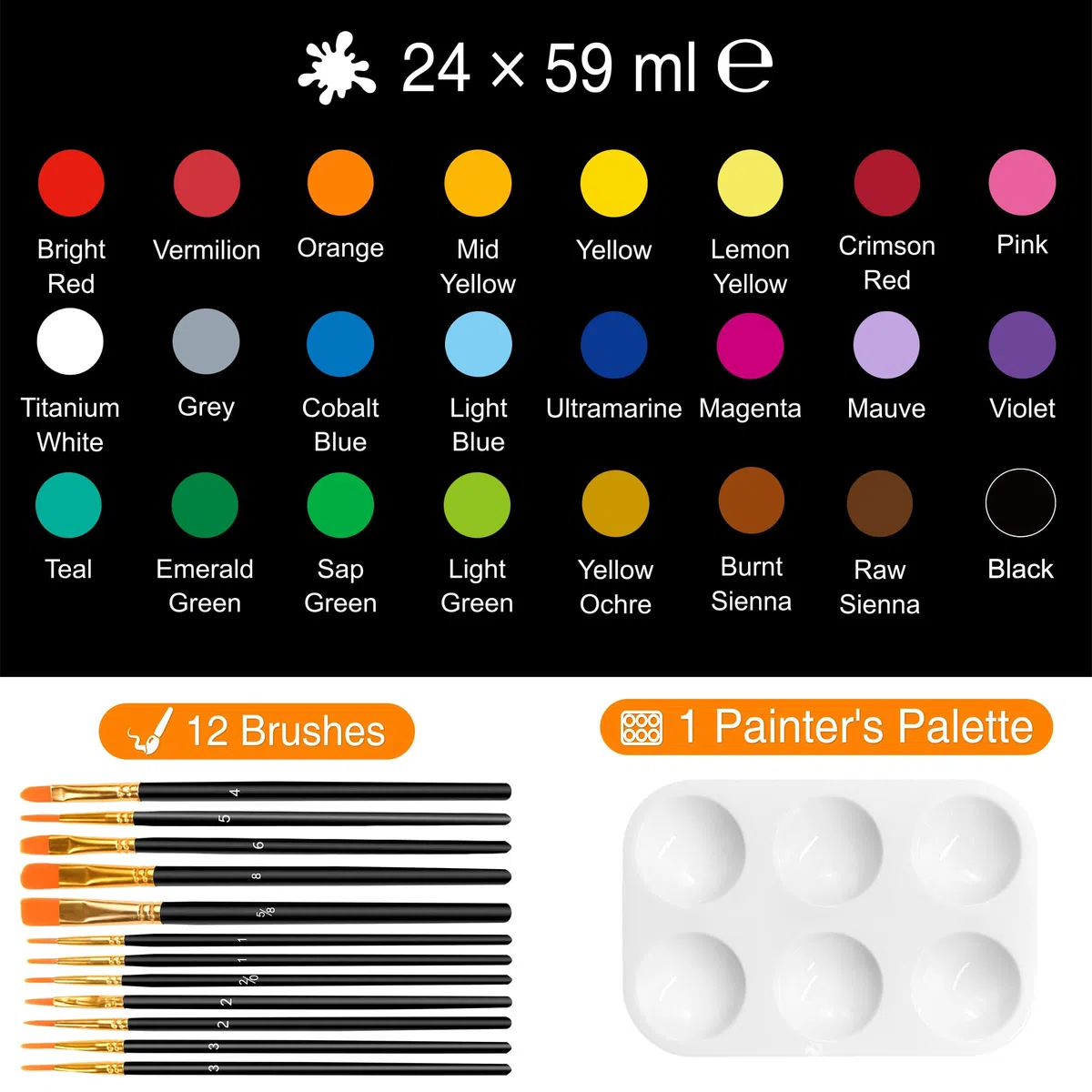 WINSONS 24 Farben Acrylfarben-Set, 12 Pinseln, 1 Palette, Ungiftig, Wasserdicht, Lebendig, Permanent, für Künstler, Studenten, DIY auf Leinwand, Stoff, Holz, Felsen, Ton, Keramik, Glas