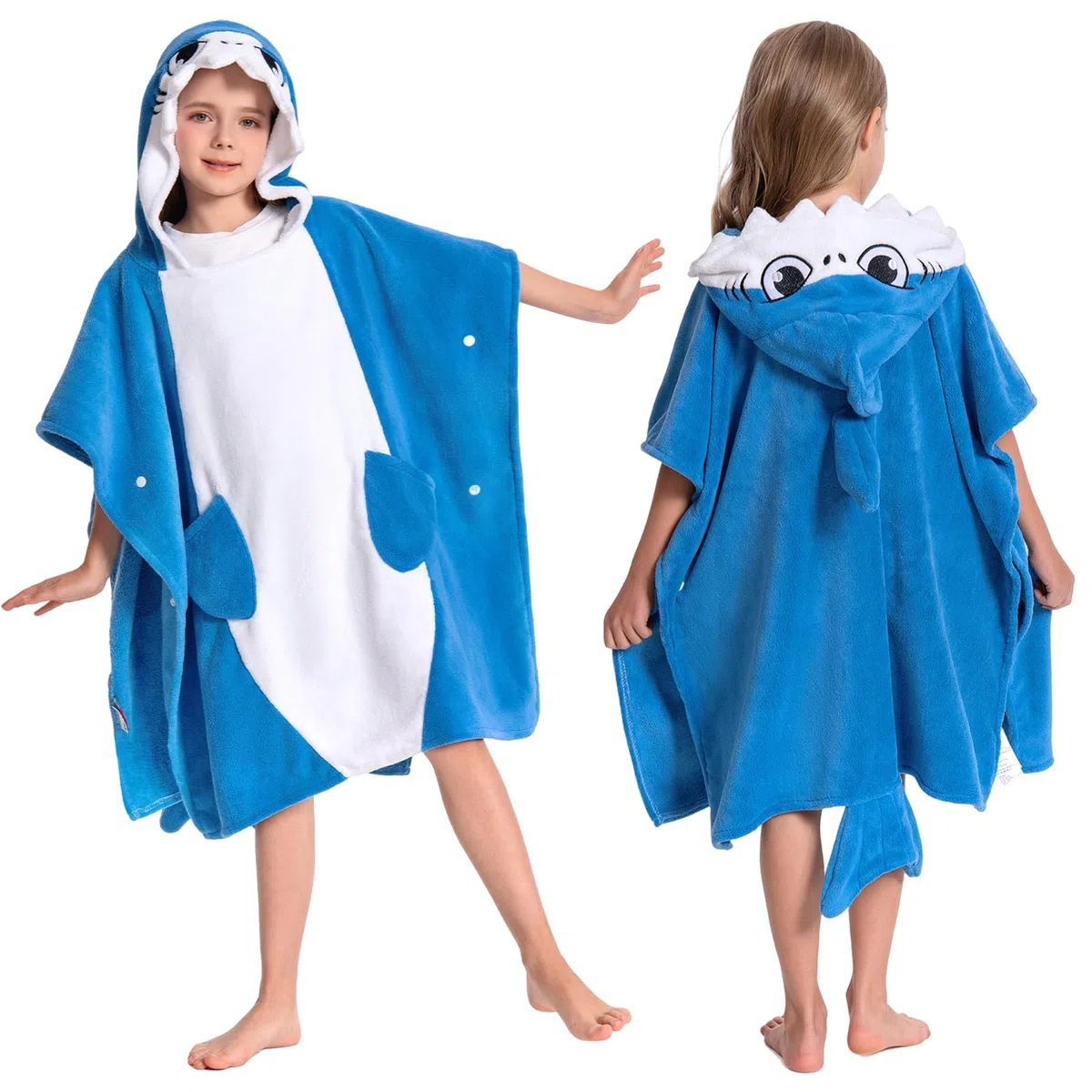 OLAOLA Kinder Poncho Handtuch mit Kapuze, Strand Umkleidemantel, Saugfähige Badetücher, Schwimmtuch für Jungen und Mädchen von 3–12 Jahren, Blauer Hai