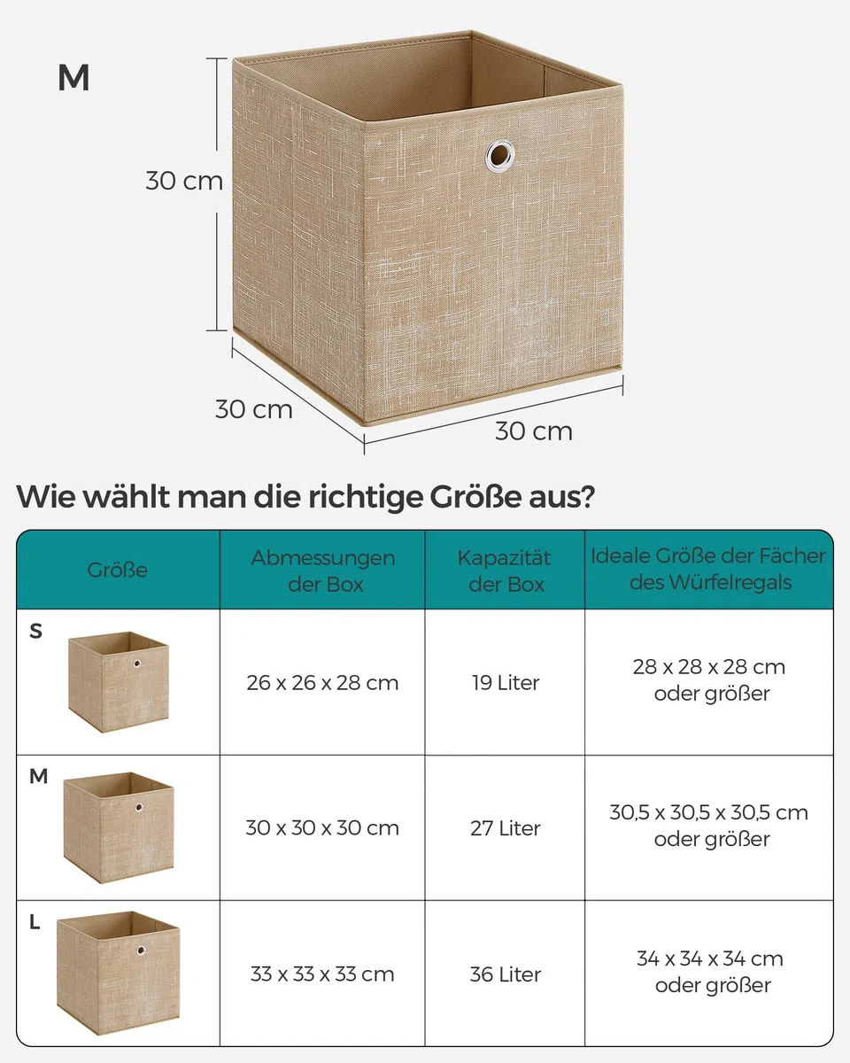 SONGMICS Aufbewahrungsbox, 6er Set, Ordnungsboxen aus Vliesstoff mit Griff, Boxen Aufbewahrung, 30 x 30 x 30 cm, Organizer Box, für Würfelregal, Faltbox, Kleideraufbewahrung, sandbeige RFB006K03