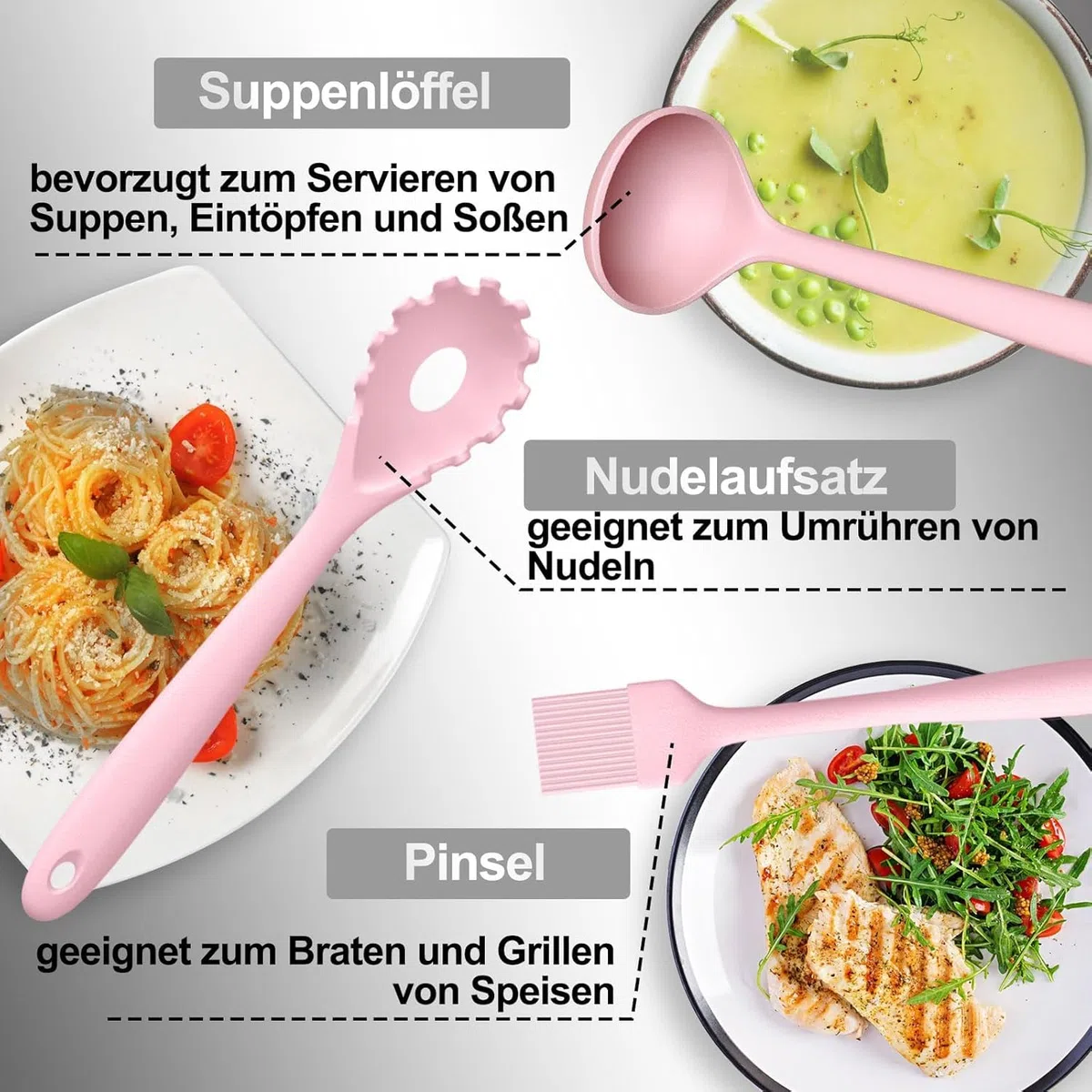 12 Stück Küchenhelfer Set, Silikon Küchenutensilien, Antihaftbeschichtet Kochlöffel Set mit Utensilienhalter, Geeignet Für Kochen (Rosa)