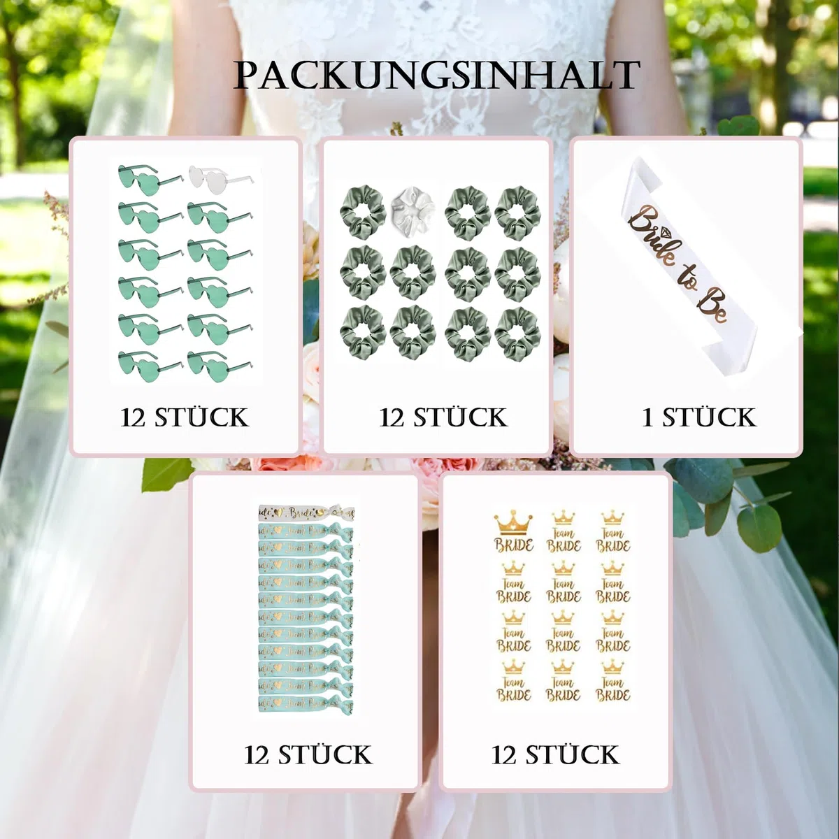 49 Stück Jga Accessoires Frauen, JGA Brille Team Braut Haargummi Armbänder für Junggesellenabschied Frauen, 1Bride to be schärpe +12 Herzförmige Brille +12 Haargummi+12 Armband+12 Aufkleber, JGA Deko