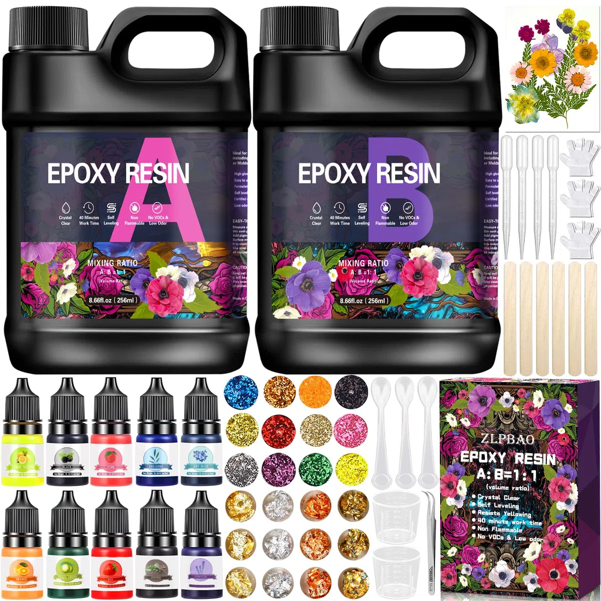 ZLPBAO Epoxidharz Set Anfänger 582ml epoxidharz glasklar gießharz - 1: 1 Verhältnis mit Epoxidharz Farbe, Glitzer, holzstäbchen, Handschuhe