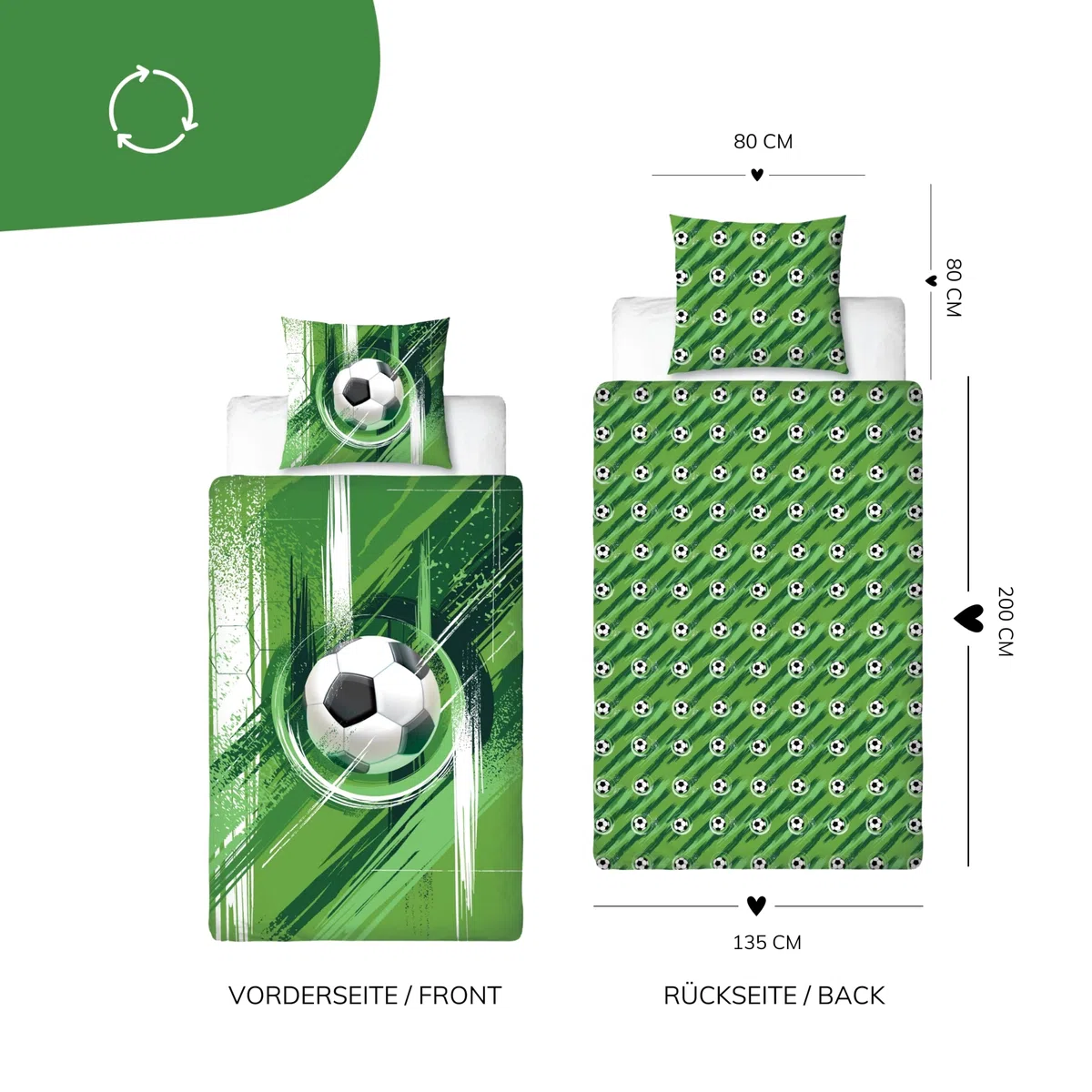 MTOnlinehandel Fußball Bettwäsche 135x200, Kinderbettwäsche 80x80 + 135x200, grün Jungenbettwäsche - Öko-Tex Teenager Bettwäsche aus Microfaser, Geschenk Idee für Jungs und Mädchen