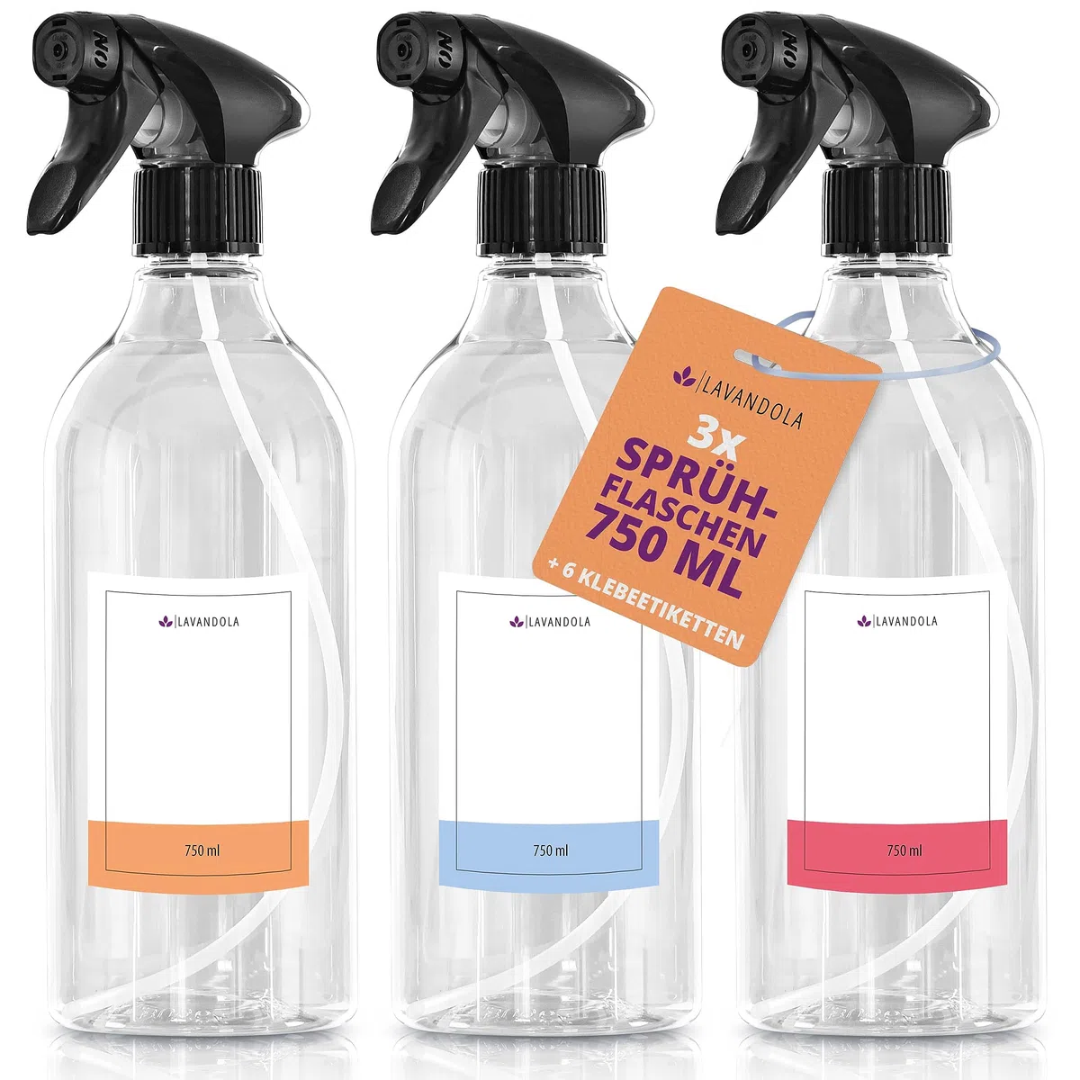 3x Sprühflasche 750ml mit Etiketten - Gleichmäßiges & feines Sprühbild, dichte & auslaufsichere Polyethylen-Sprühflasche für Pflanzen, Autopflege & mehr - 3x Set