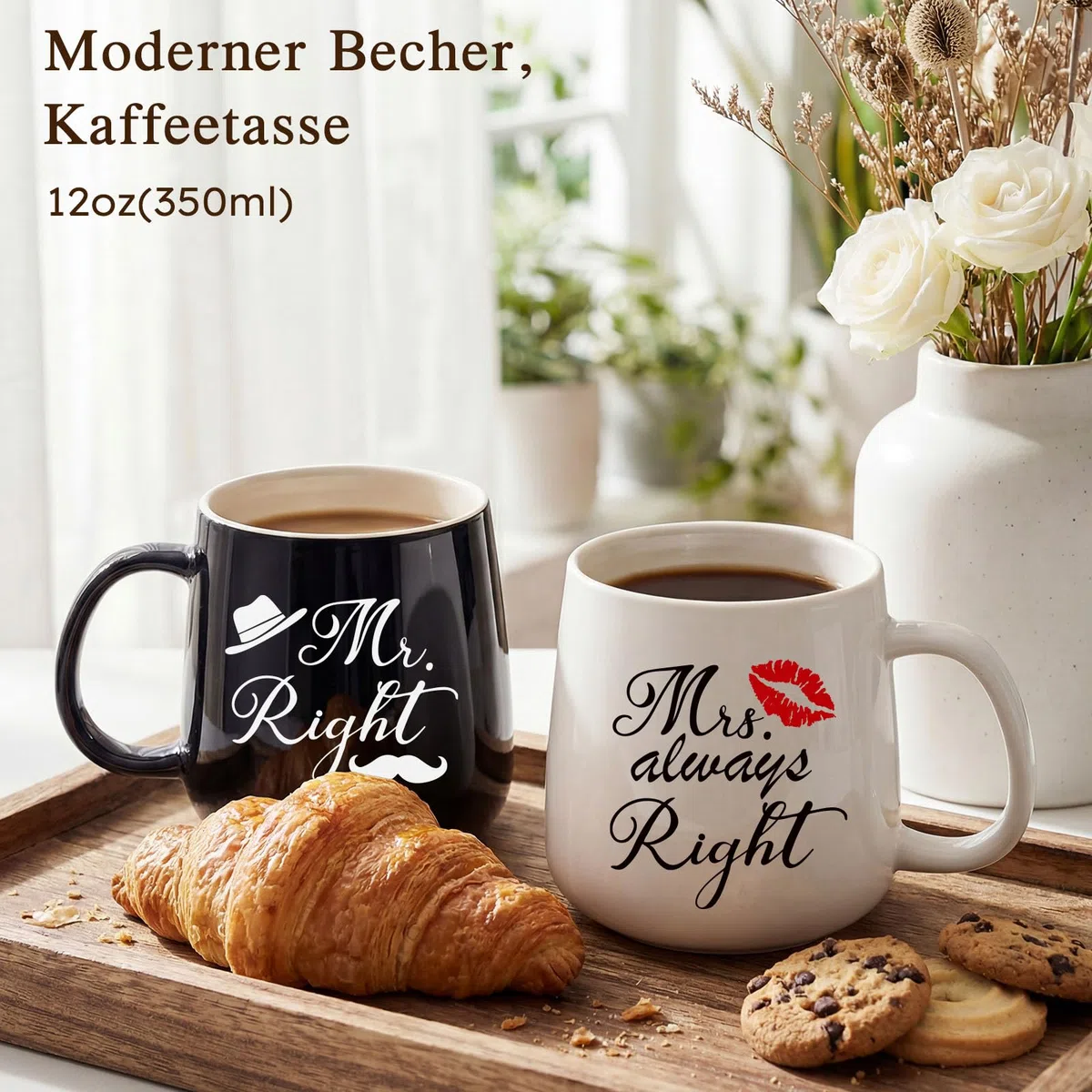 TUZELIYA Mr. Right & Mrs. Always Right Partnertassen Set – Hochzeitsgeschenk für Brautpaare, Frauen & Männer - Schwarz und Weiß Tassen Paar geschenke & Jahrestagsgeschenke für Ihn Sie