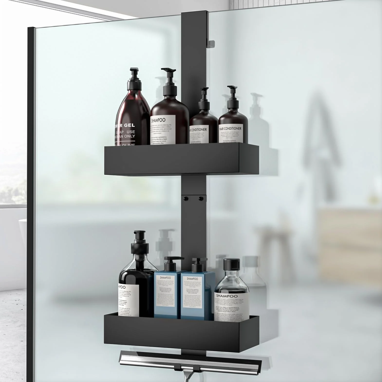 Duschablage zum Hängen, Duschregal Ohne Bohren für Rahmenlos Glastür, Badezimmer Organizer Shampoo Halterung für Dusche Schwarz