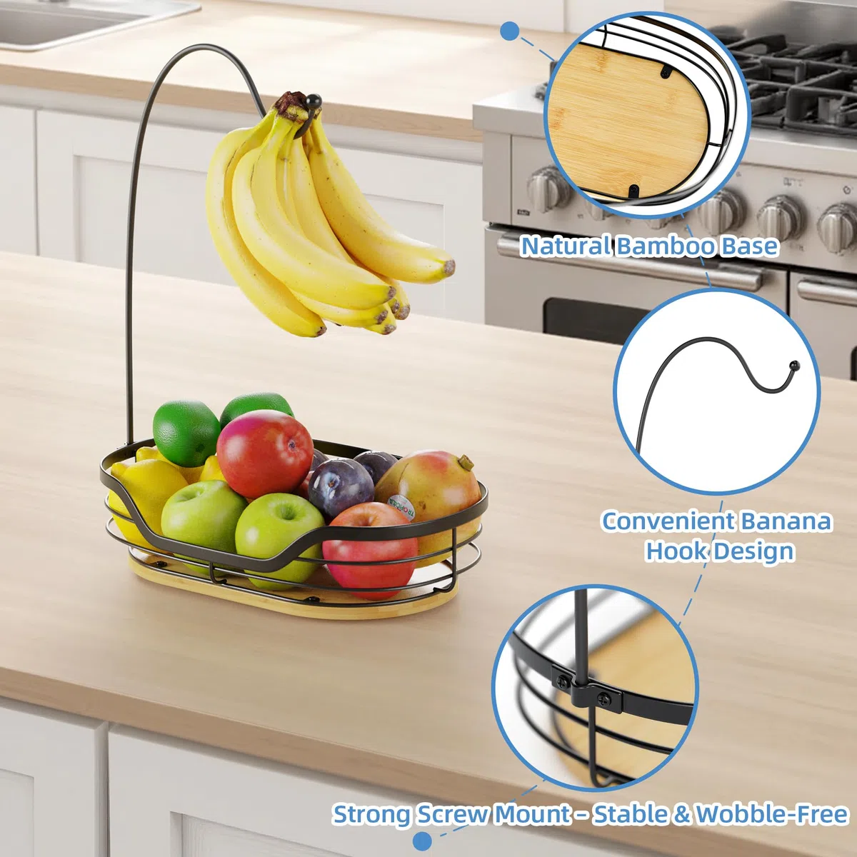 Dvocel Obstkorb mit Bananenhalter Obstschale Metall mit Bambusboden Früchtekorb für Küche Arbeitsplatte & Tisch Moderner Obstständer für Obst, Gemüse, Brot & Snacks, Obstkorb Schwarz