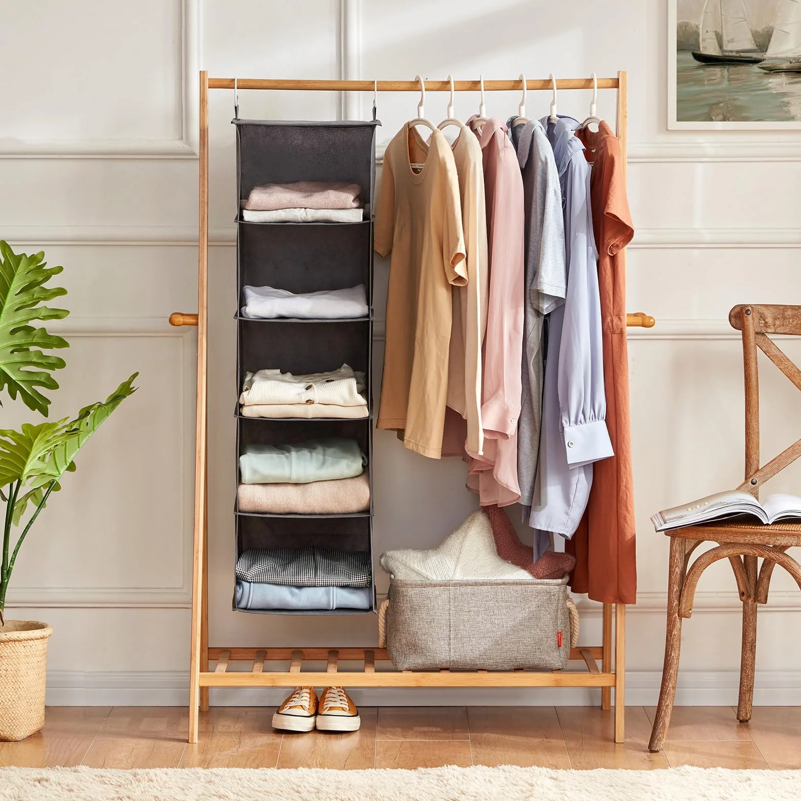 Lifewit Hängeregal, Schrank Organizer, Hängesystem Kleiderschrank, Hängeaufbewahrung aus Stoff, Ordnungssystem Kleiderschrank, Faltbar und Platzsparend mit Metallhaken, 2 Stück, Grau