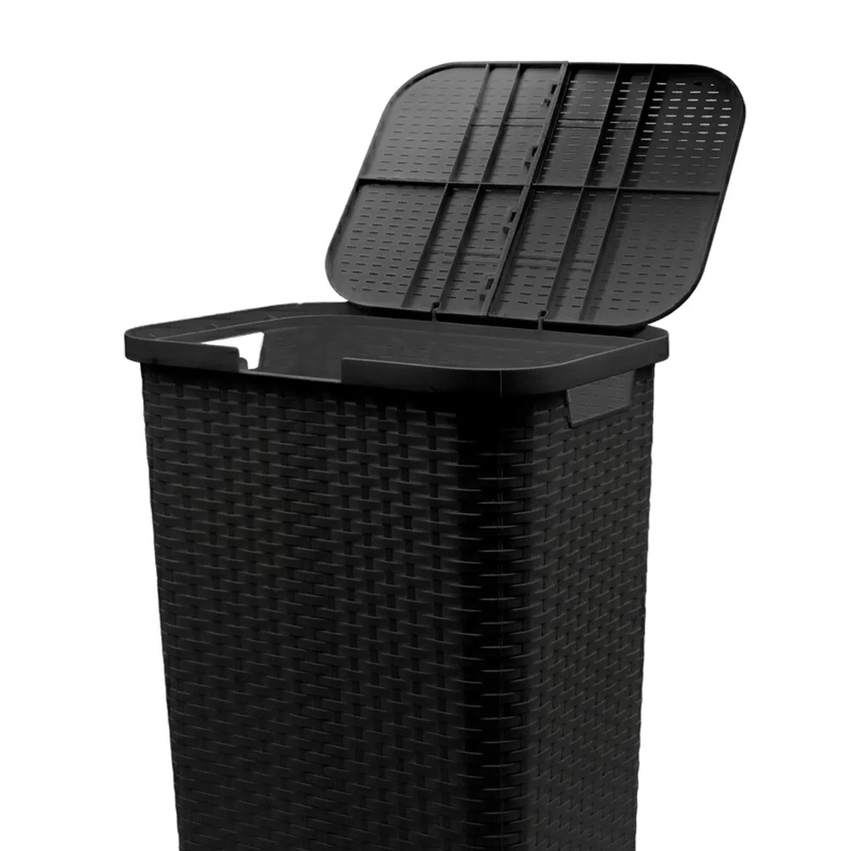 Kunststoff Wäschekorb anthrazit mit Deckel in Rattan Optik - 65 Liter - Wäschesammler in Flechtoptik mit seitlichen Griffen - Wäschesammelbox platzsparend feuchtraumbeständig