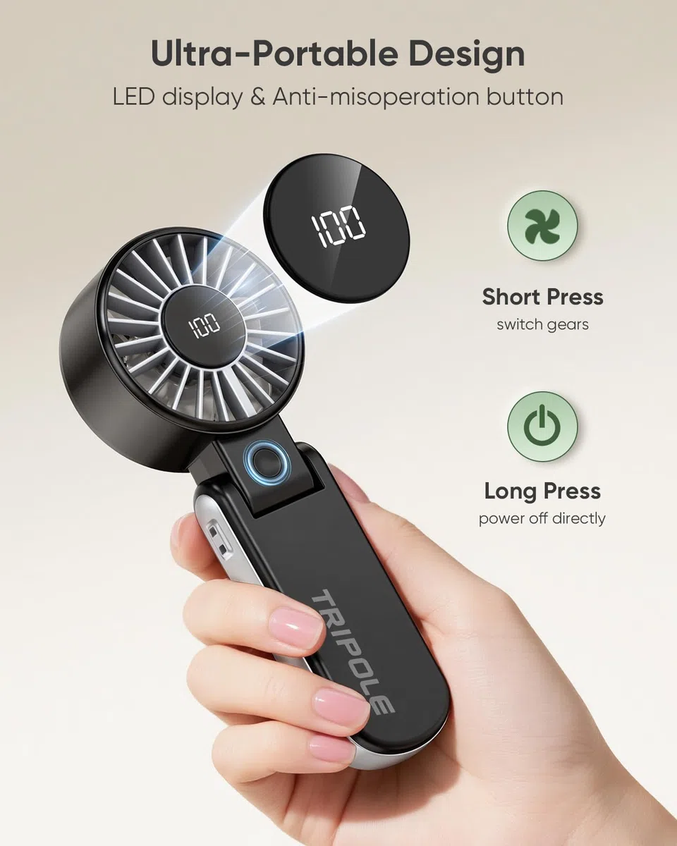 TriPole Handventilator, tragbarer USB Ventilator, 5 Geschwindigkeiten, starker Luftstrom, LED-Anzeige, 4000mAh Mini Ventilator klappbar für Reisen, Urlaub, Tisch, Outdoor, Ausflug (Schwarz)