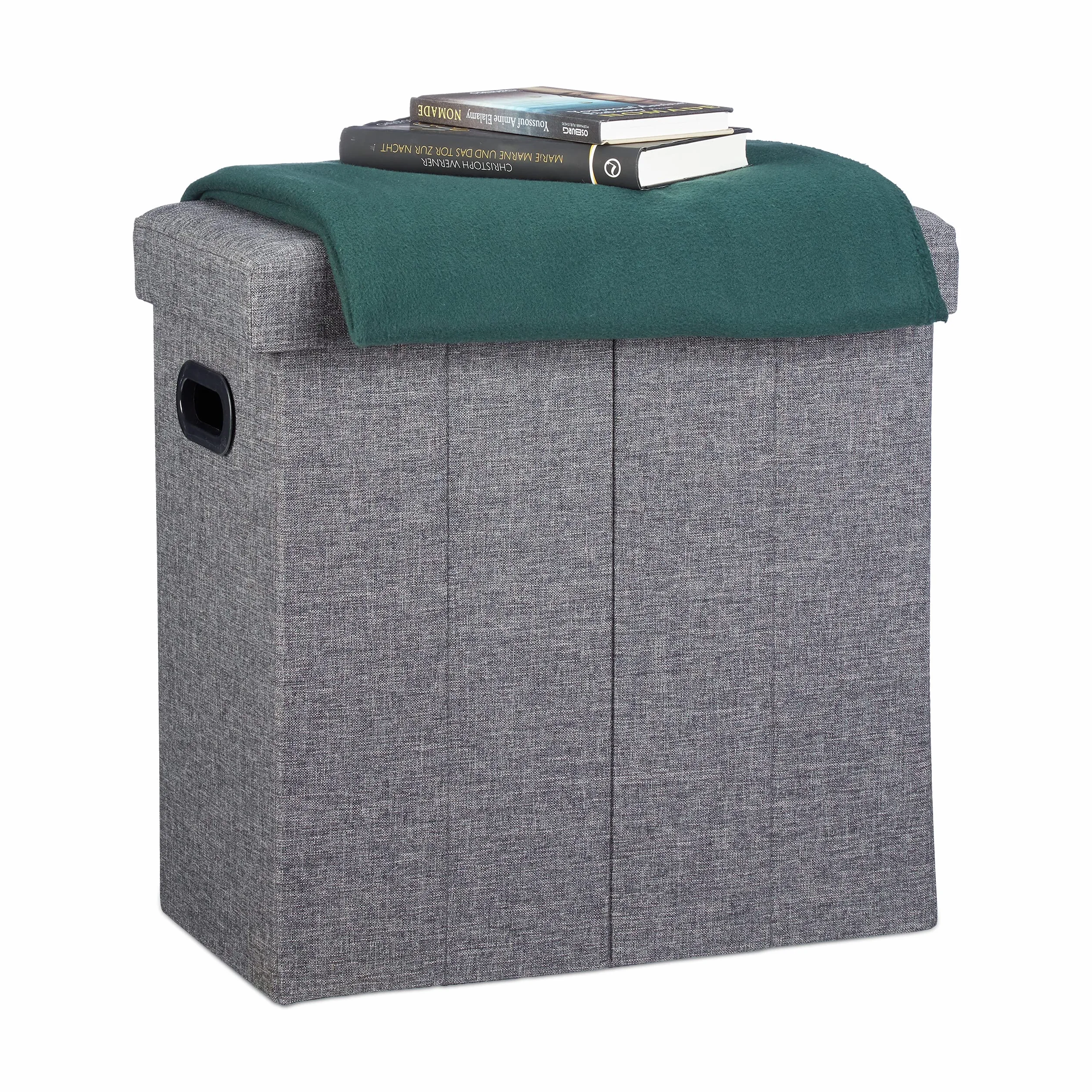 Relaxdays Faltbarer Sitzhocker, HxBxT: 49,5 x 46 x 25,5 cm, mit Stauraum, Griffe, Leinen, Polyester, MDF, dunkelgrau