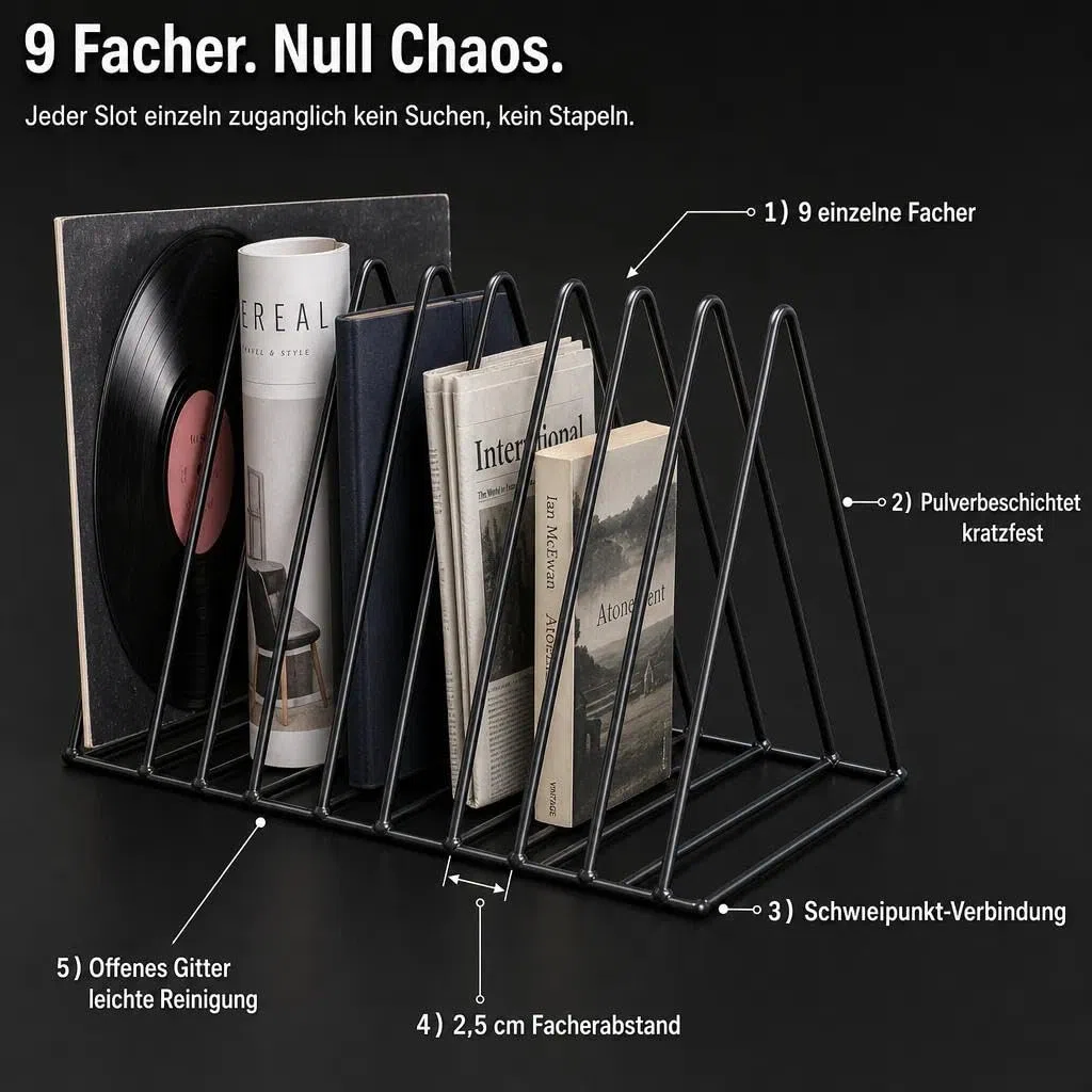 Schallplattenständer 2er Set, Buchstützen Metall 9 Fächer Dreieck, Zeitschriftenhalter Schwarz, Plattenständer Vinyl Halter, Magazinhalter Zeitschriftenständer Büro