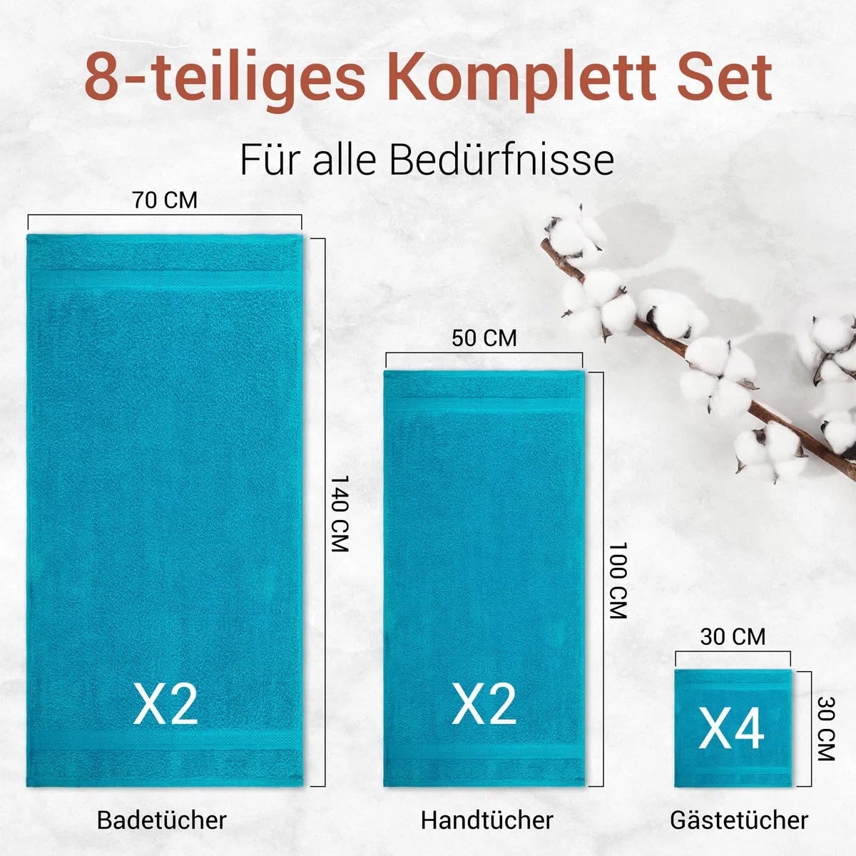 Premium 8-teiliges Handtuch Set mit Aufhängeschlaufe, 100% Baumwolle, Oeko Tex 100, 2 Badetücher-Set 2 Handtücher und 4 Waschlappen – sehr saugfähig und weiche Badezimmertücher (Türkis)