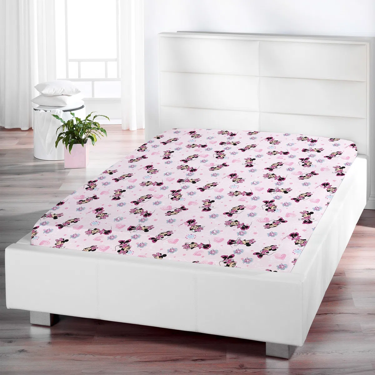 Minnie Mouse Spannbettlaken Flower Pink Rosa 90/100 cm x 190/200 cm 100% Baumwolle Minnie Maus Disney Mickey Sweet Love Spannlaken Bettlaken Laken Spannbetttuch passend zur Mädchen Bettwäsche