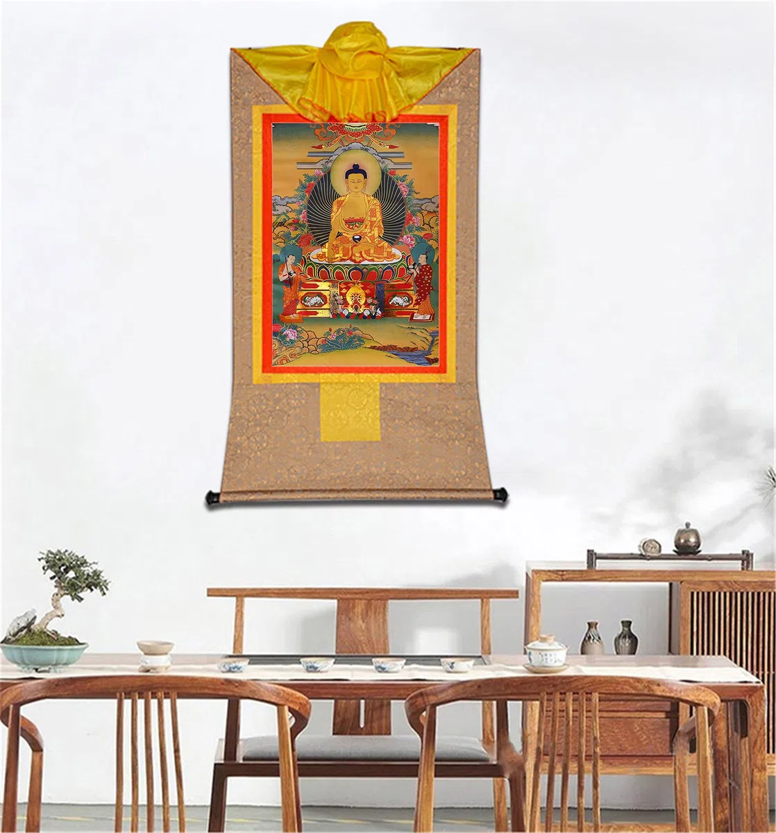 Gandhanra Thangka Tibetische Wandbehang,Shakyamuni Thangka,Heißgeprägter Buddha Wandteppich für Zen Wohnkultur, Meditation, Spirituelle Entspannung und Ruhe