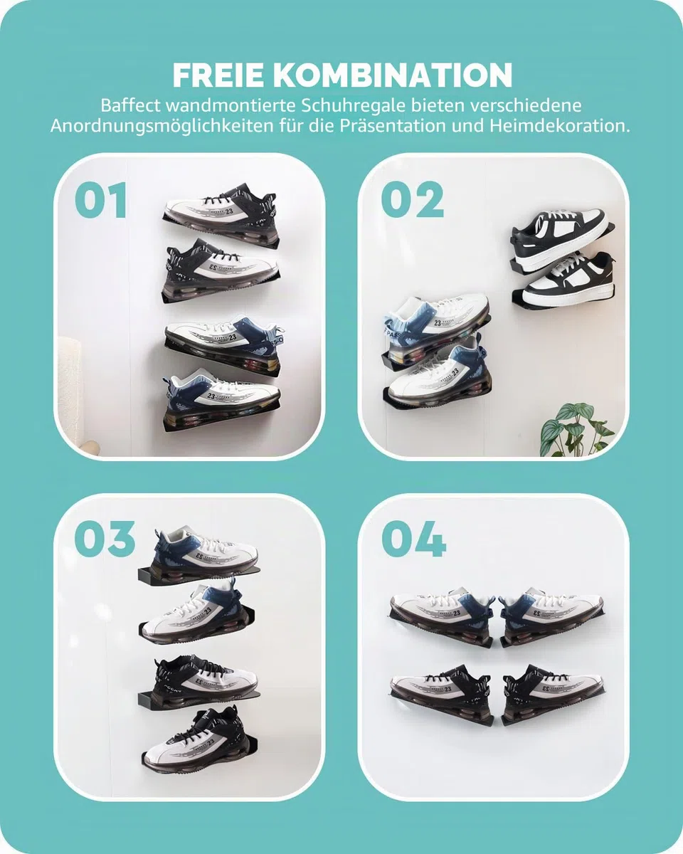 Baffect Sneaker Wandhalterungen, Schuhregal Wand mit Flexiblen Kombinationsmöglichkeiten, Schuhhalter Wand aus Acryl für 2 Paar Sportschuhe (Schwarz)