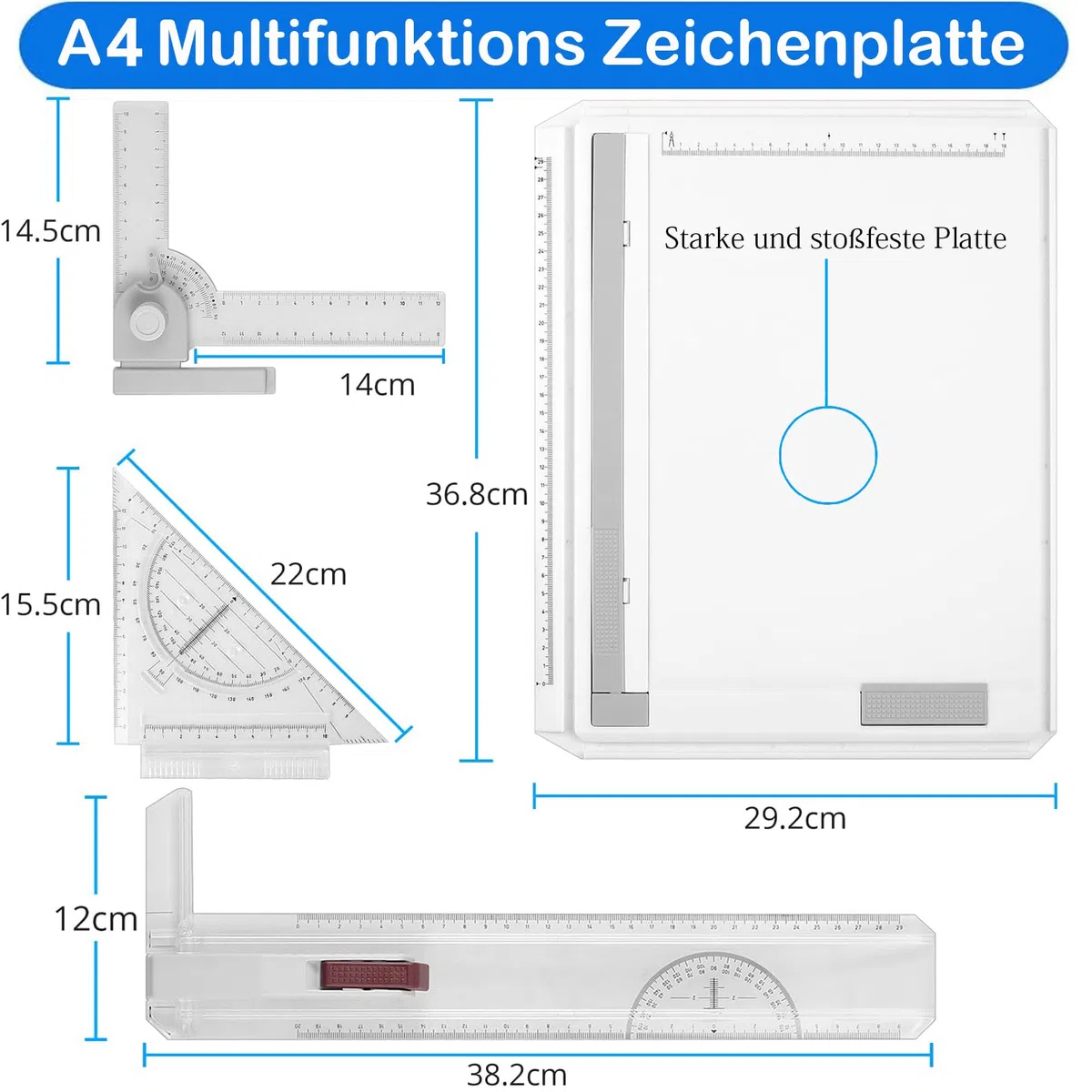 Zeichenplatte A4 Zeichenbrett Multifunktions Zeichentisch mit Parallel-Zeichenschiene Doppelnutführung Einstellbar Winkel Schnellzeichendreieck für Professionell Office Studenten Studium,A4