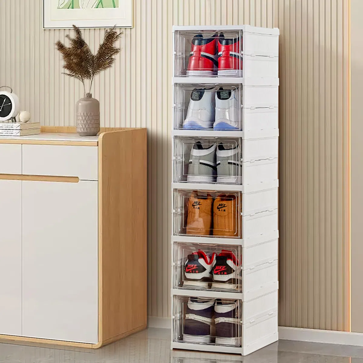 Schuhboxen Transparent Faltbar Shoe Box Schuhkarton Sneaker Regal Schuh Aufbewahrung Organisierer Ordnungssystem Schuhorganizer boxen mit Tür für Schuhe bis Größe 46
