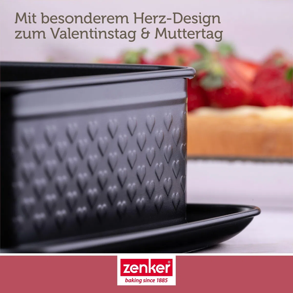 Zenker Rechteck-Springform 28 x 18 cm – Ideal für Valentins- & Muttertag, mit einzigartiger Herz-Prägung, PFAS-frei, Made in Germany, Schwarz