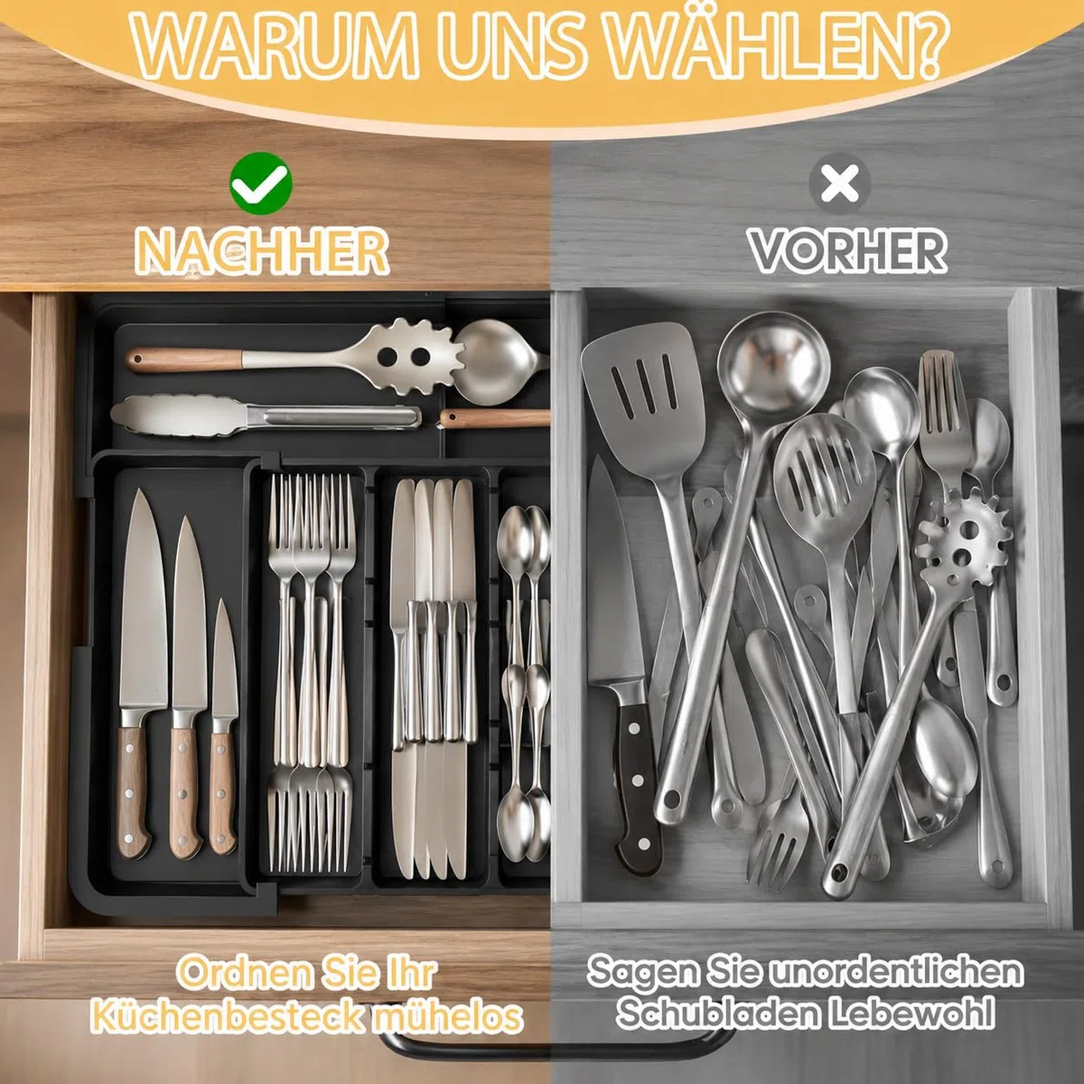 Besteckkasten für Schubladen, Besteckeinsatz Schubladen Organizer Küche, rutschfest & wasserdicht, BPA-frei,6 große Fächer platzsparend & erweiterbar 33.5*36.8 bis 48.2*55.8 cm, robust & hochwertig