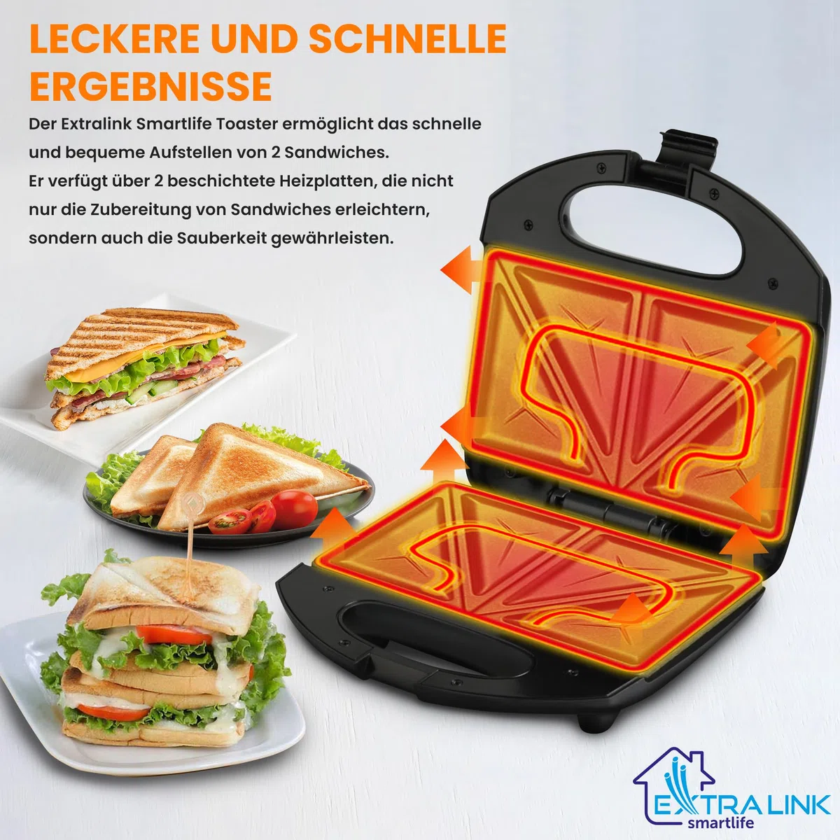 Extralink Sandwichmaker, Toaster Sandwichtoaster 750W - Sandwichtoaster mit Rutschfesten Füßen, Isoliertem Griff, Kontrollleuchten, Antihaftbeschichtung, leicht zu reinigen, dreieckige Toast