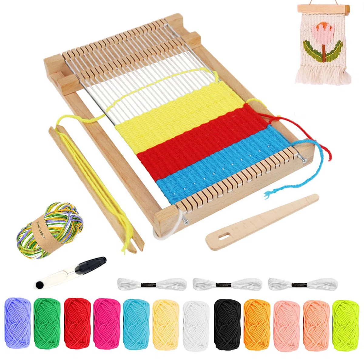 Webrahmen Kinder, DIY Holz Webrahmen Set 29 X 19 cm,Webstuhl Set mit 12 Farben Garn, Webkamm, Schere, Webstuhl Handarbeits, Webbrett Holz für Kinder 4-12 Jahre, Anfänger, zum Weben und Gestalten