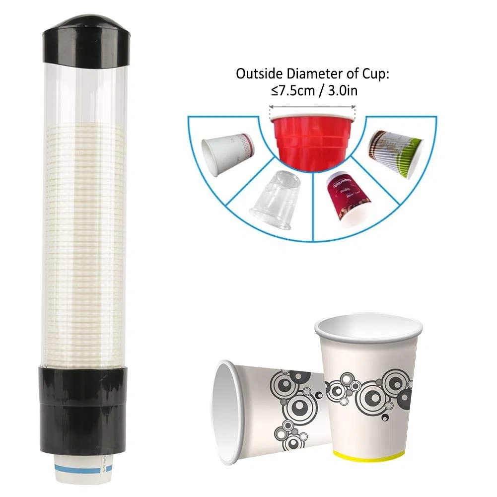 Broco Becherspender für 60-80 Becher, One-Touch-Knopf, Wandmontage, staubdicht, transparentes Fenster, geeignet für Papier- und Plastikbecher bis 7,5 cm Durchmesser (Schwarz)