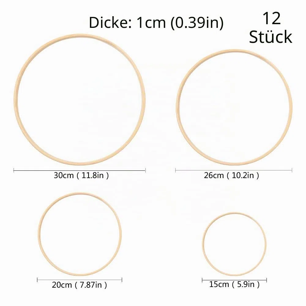 12 Stück 4 Größen (15cm/20m/25cm/30cm) Traumfänger Ringe Holz Bambus Blumenkranz Makramee Ringe Floral Hoop Set Makramee Craft Hoop Ring für Dreamcatcher, Hochzeit Kranz Decor und DIY Handwerk