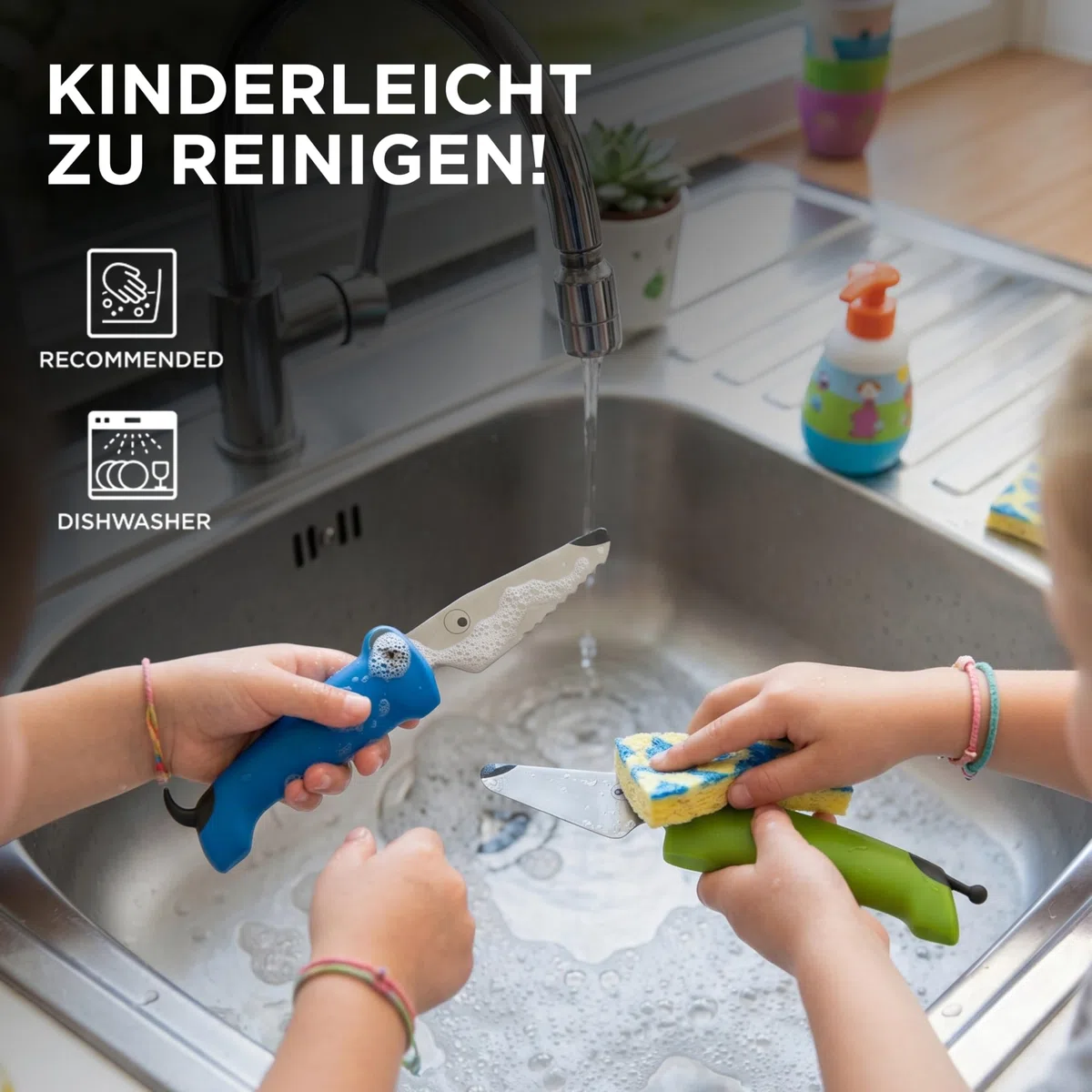 KUHN RIKON Kinderkitchen Kindermesser Set (2-teilig), Kinder-Küchenmesser ab 3 Jahren, Messerset mit Fingerschutz, Edelstahl Klinge (Grün/Blau)