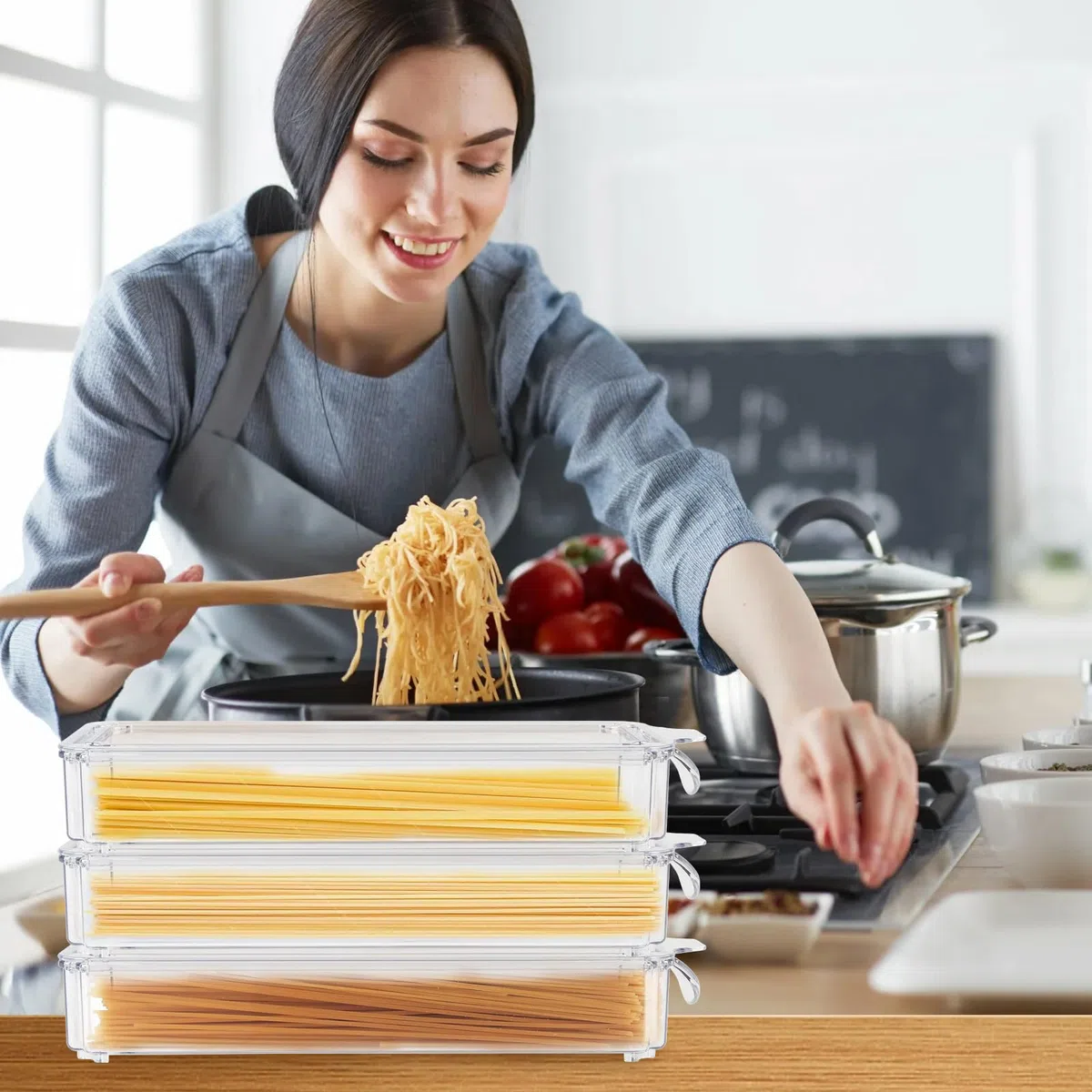Spaghetti Aufbewahrung 3er Set 1,35 L, Vorratsdosen mit Deckel | Drei transparente Dosen für Spaghetti, Müsli und Snacks, luftdicht stapelbar mit Etiketten für Schrank oder Küchenregal