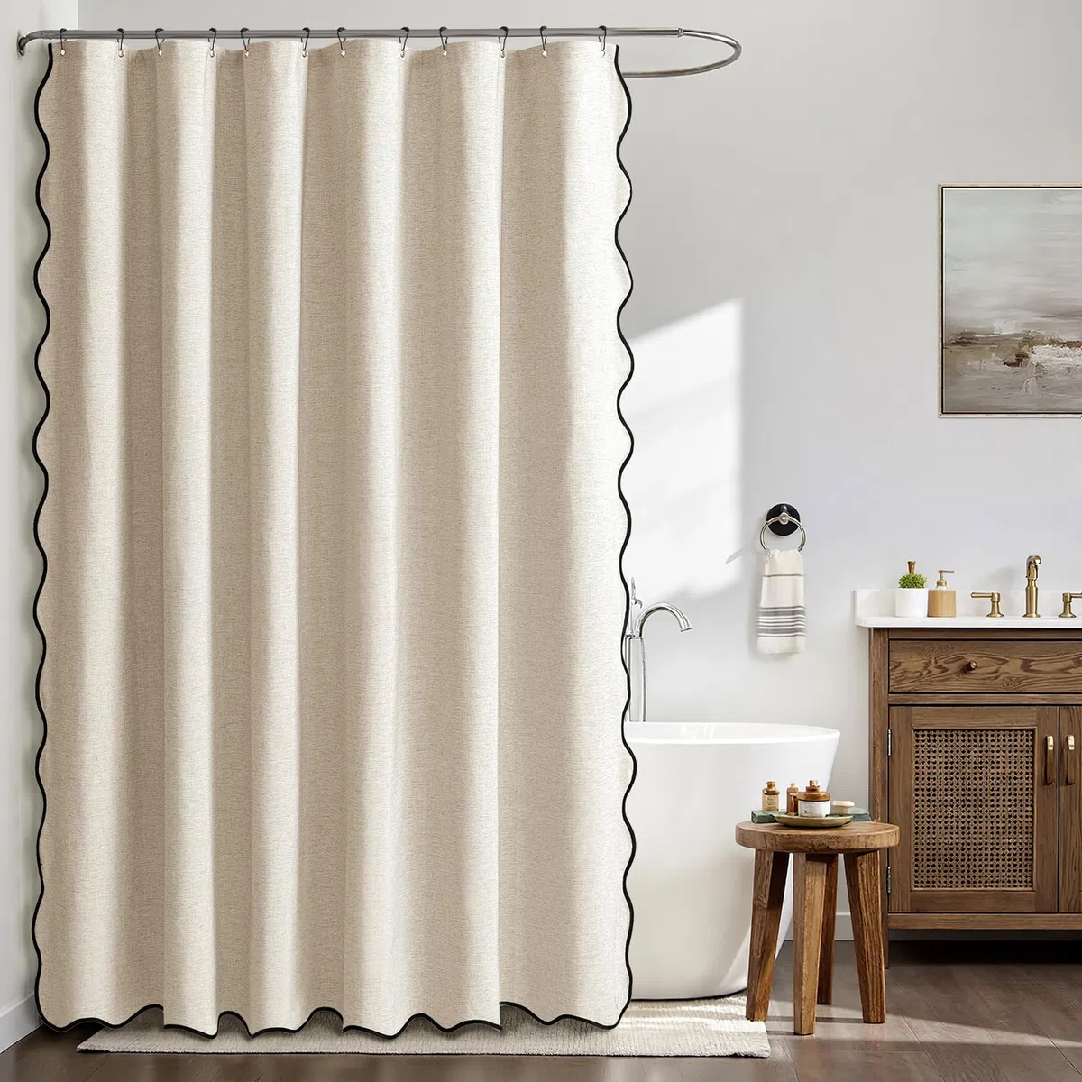 MIULEE Duschvorhang 180x200 Leinen Texturiert Gewellter, Duschvorhang Beige mit Schwarze Rand Hotel Luxus Wasserdicht Duschvorhänge, Antischimmel Waschbar Stoff Badvorhang für Badezimmer mit 12 Ringe