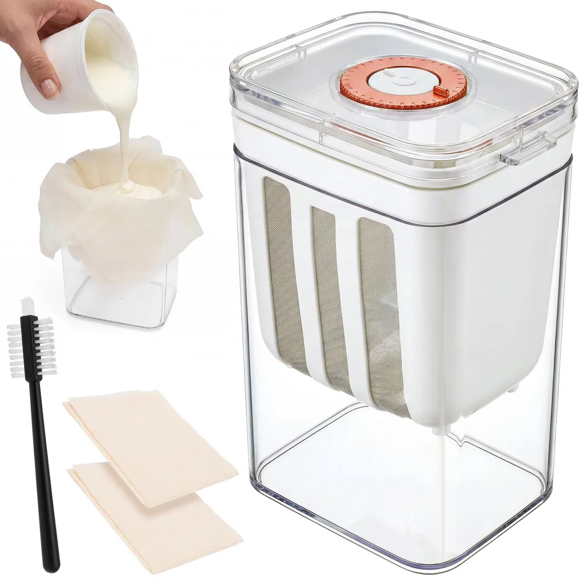 Joghurt Sieb Set 1100ML Griechischer Joghurt Käsesieb mit Edelstahl Feine Filtersiebe & Zeitanzeige Molketrenner mit Baumwolltüchern & Reinigungsbürste für Quark Käse Kaffee