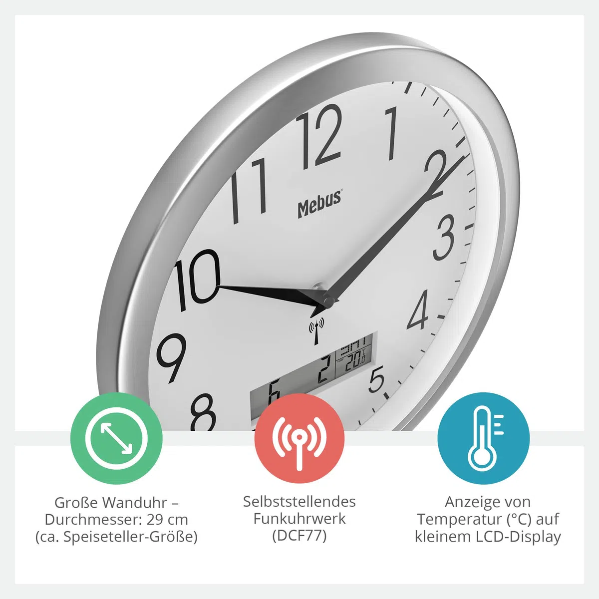 Mebus Analoge Funk-Wanduhr 29cm groß | Leicht lesbar & lautlos | Runde Funkuhr ohne tickgeräusche & großem Ziffernblatt für Küche, Wohnzimmer, Büro, Kinderzimmer | Uhr geräuschlos in Silber