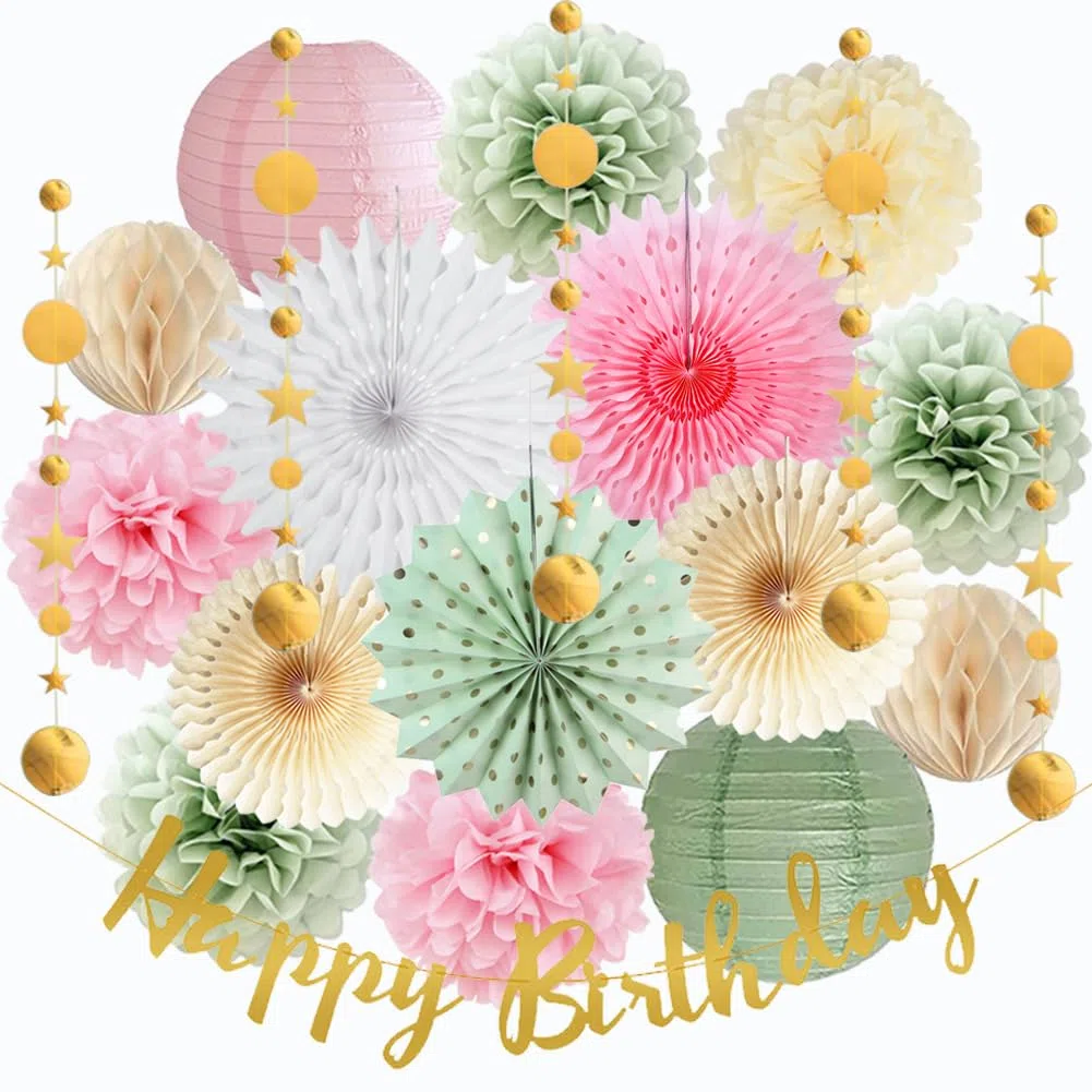 Geburtstagdeko Frauen Grün Rosa Geburtstag Deko Happy Birthday Girlande Rosa Salbeigrün Seidenpapier Pompoms Papierfächer für Neutral Dekoration