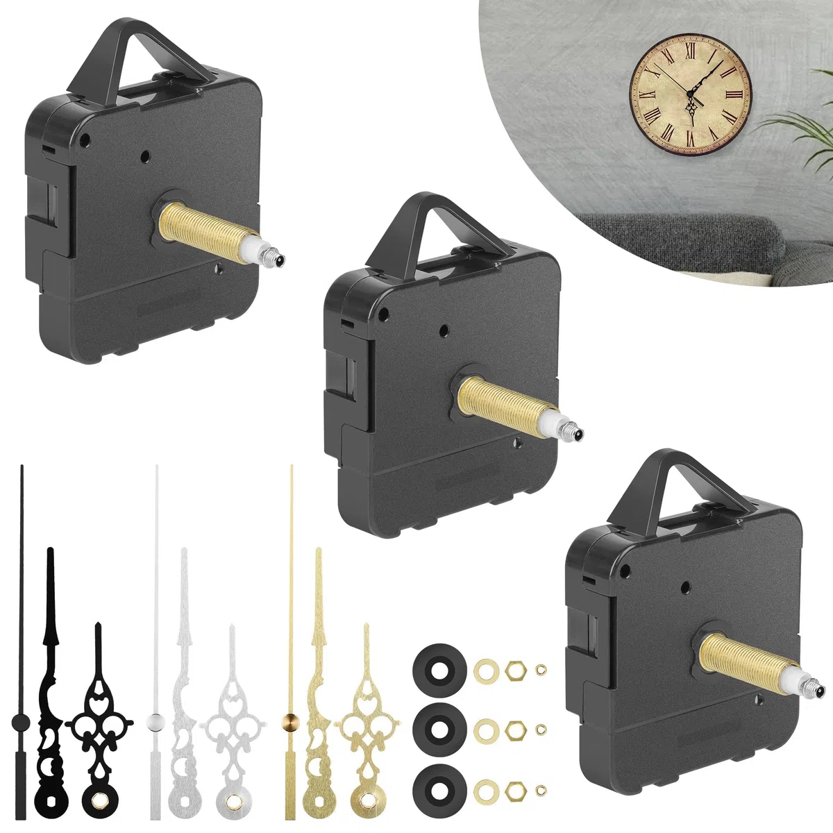 EEEKit Uhrwerk für Wanduhr, 3 Stück Quarz Hochdrehmoment Uhrwerke zum Selbsteinbau, 22mm Welle Uhrwerk mit 3 Sätzen Zeigern für Uhrenreparatur