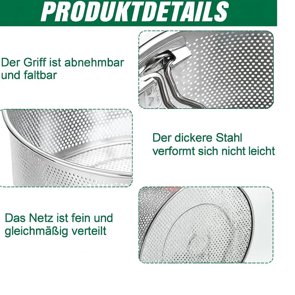 Edelstahl Frittierkorb mit abnehmbaren–pasta sieb für topf,edelstahl siebkorb & frittiersieb–frittierkorb für topf für Küche,Pommes,Gemüse & Nudeln–platzsparend (18 cm)