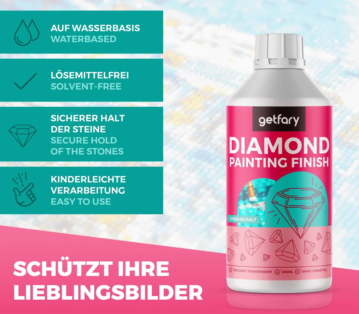 Diamond Painting Finish 2X 500ml - Transparente Diamant Painting Versiegelung für bis zu 32 Bilder (50x50cm)