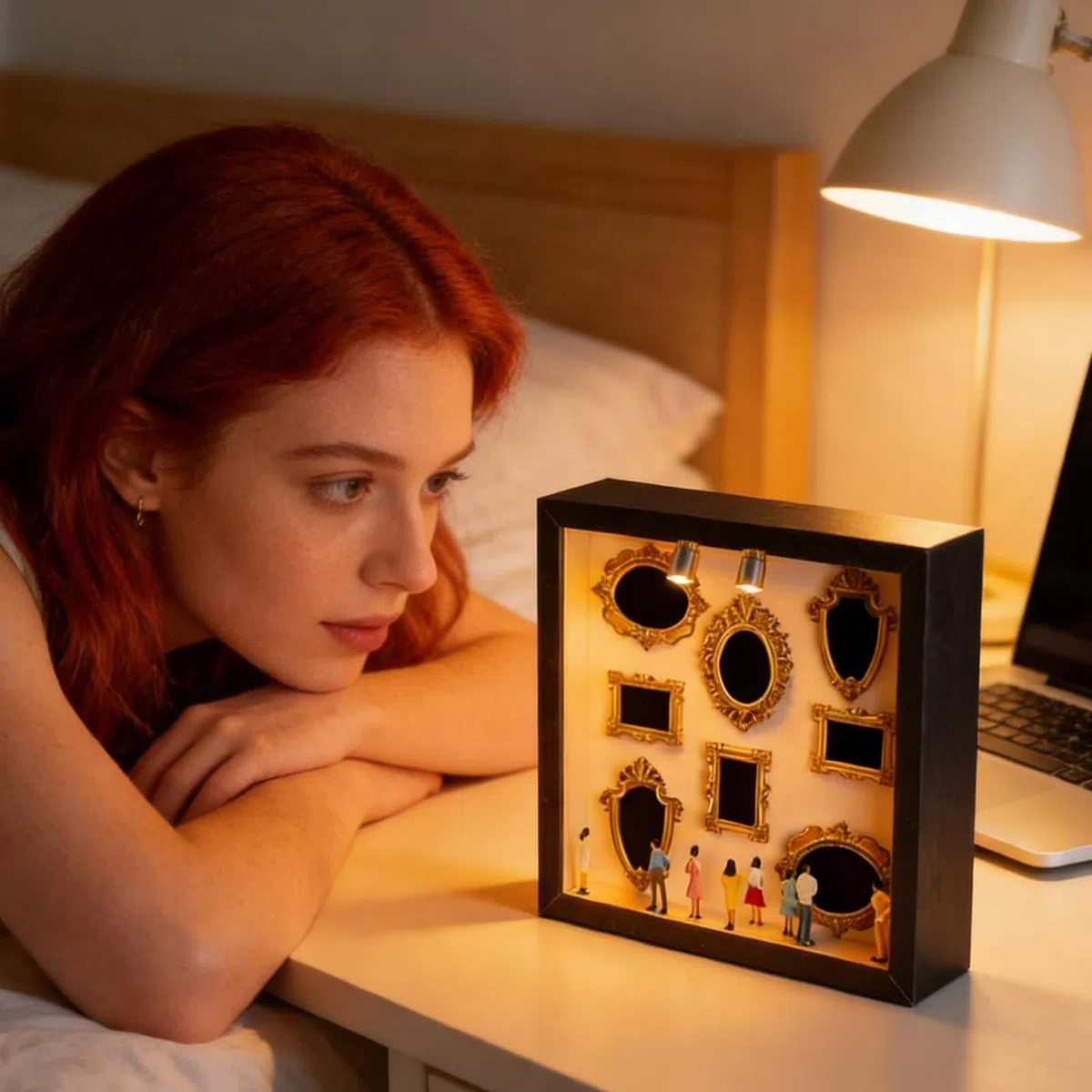 DIY Mini Museum Silhouette Box Mit Licht, 3D Fotorahmen Displaybox Enthält 8 Goldene Miniaturfiguren, Multifunktionaler Miniaturfiguren Fotorahmen Für Jubiläum Hochzeit Geburtstag