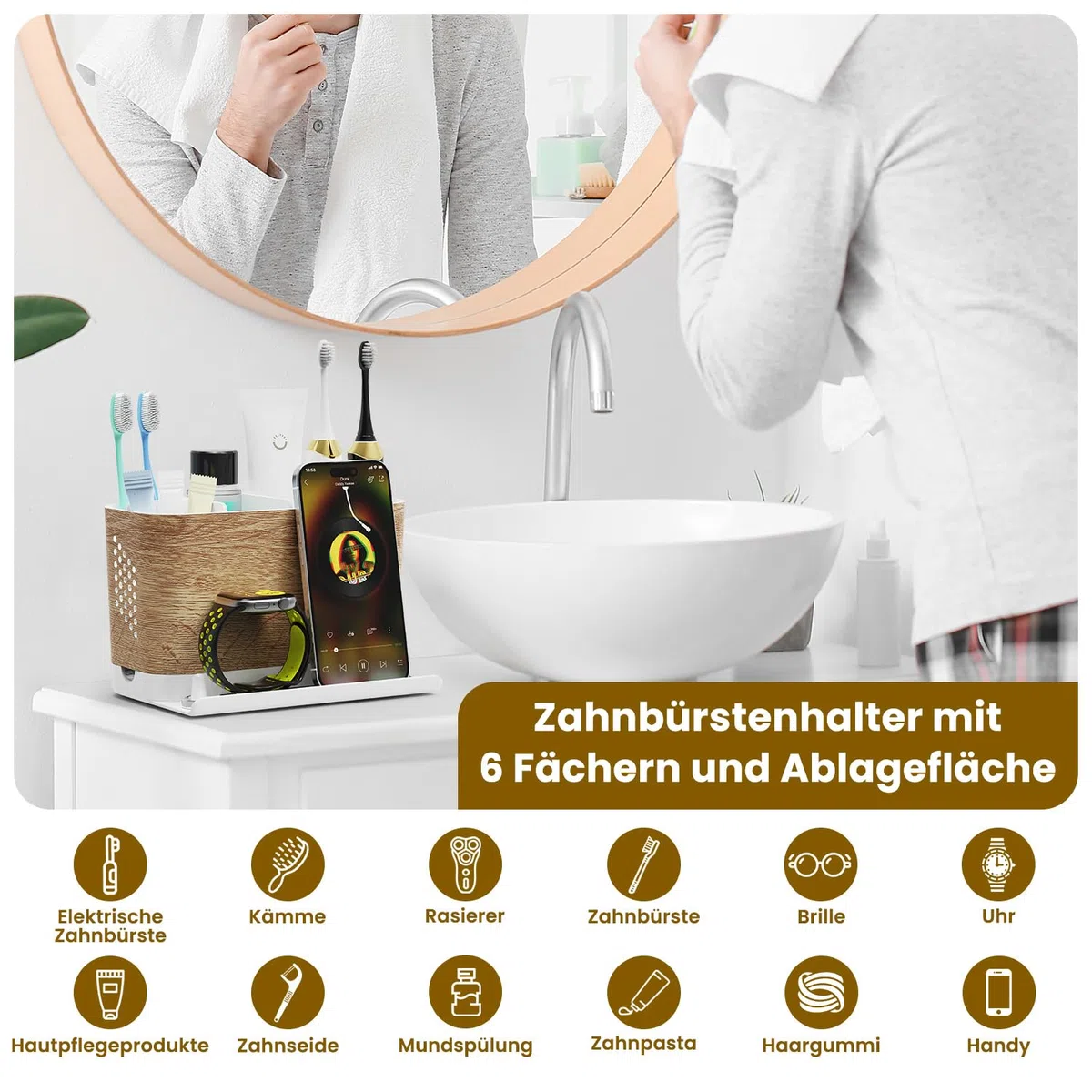 Zahnbürstenhalter Familie Groß Holzoptik Zahnbürsten Organizer mit Telefonhalter und Verstellbaren Trennwänden, Kabelfreundlicher 6 Fächer Zahnputz Organizer mit Ablauf für Familie, Kinder