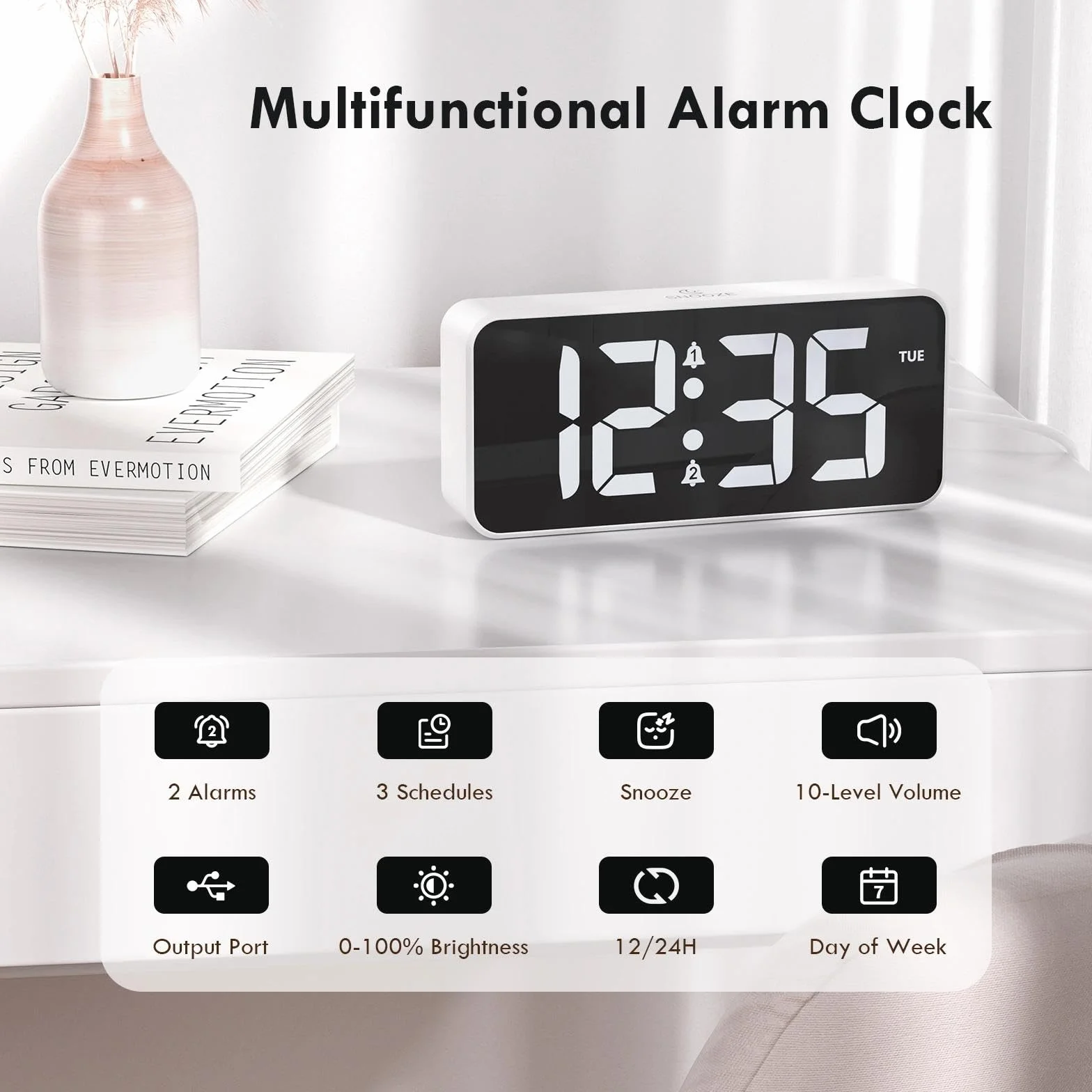 CHEREEKI Wecker Digital mit großem LED-Display, 10 Klingeltönen, Doppelalarm, Schlummerfunktion, 3 Alarmplänen, Einstellbarer Helligkeit und Lautstärke, Netzbetrieb, Adapter enthalten, Weiß