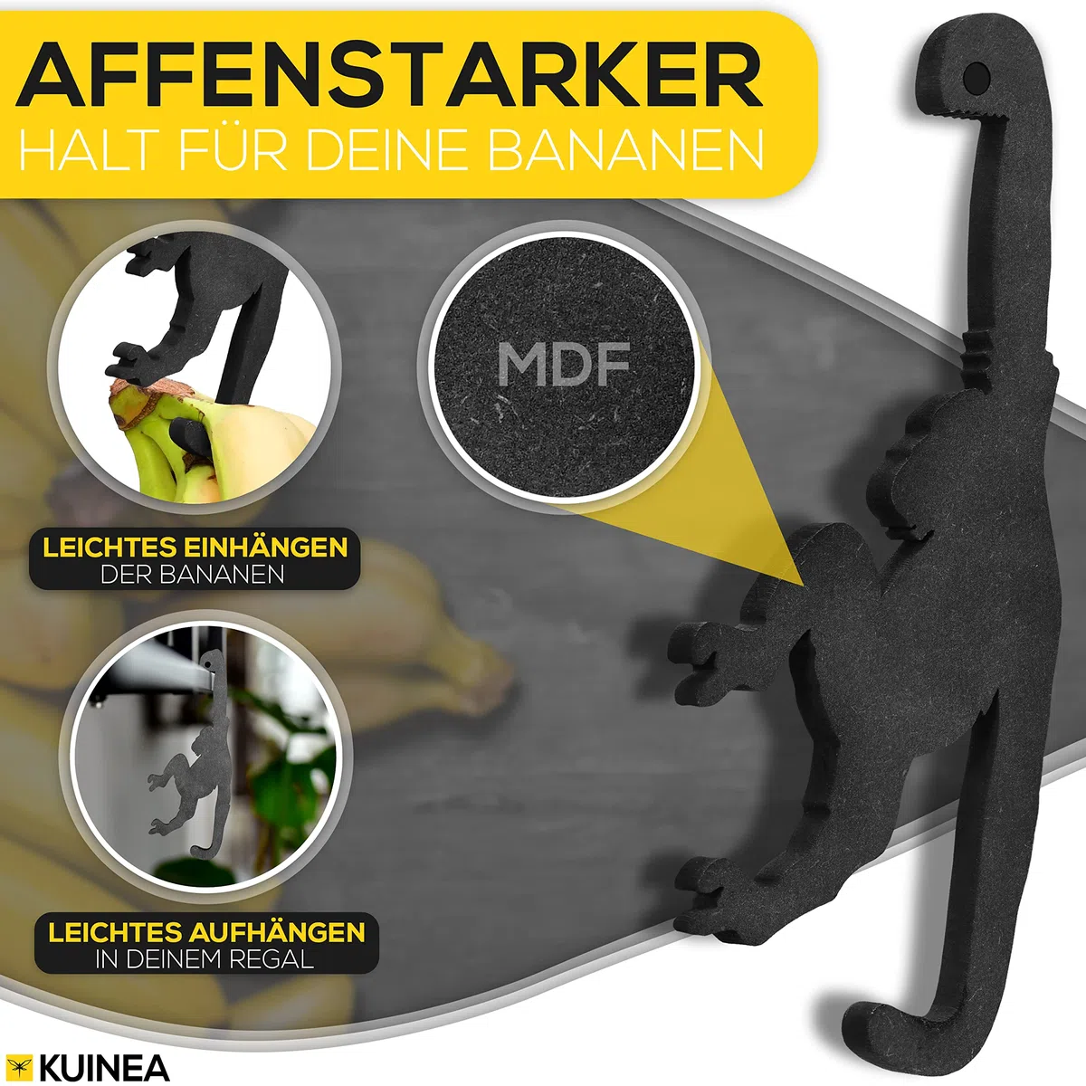 KUINEA Bananenhalter Affe für Bananen [KÜCHEN GADGETS] Der witzige Affen Bananenhalter I Praktischer Obst & Bananenständer I lustiges Küchengadget für Freunde von originellen Küchenutensilien I Küche