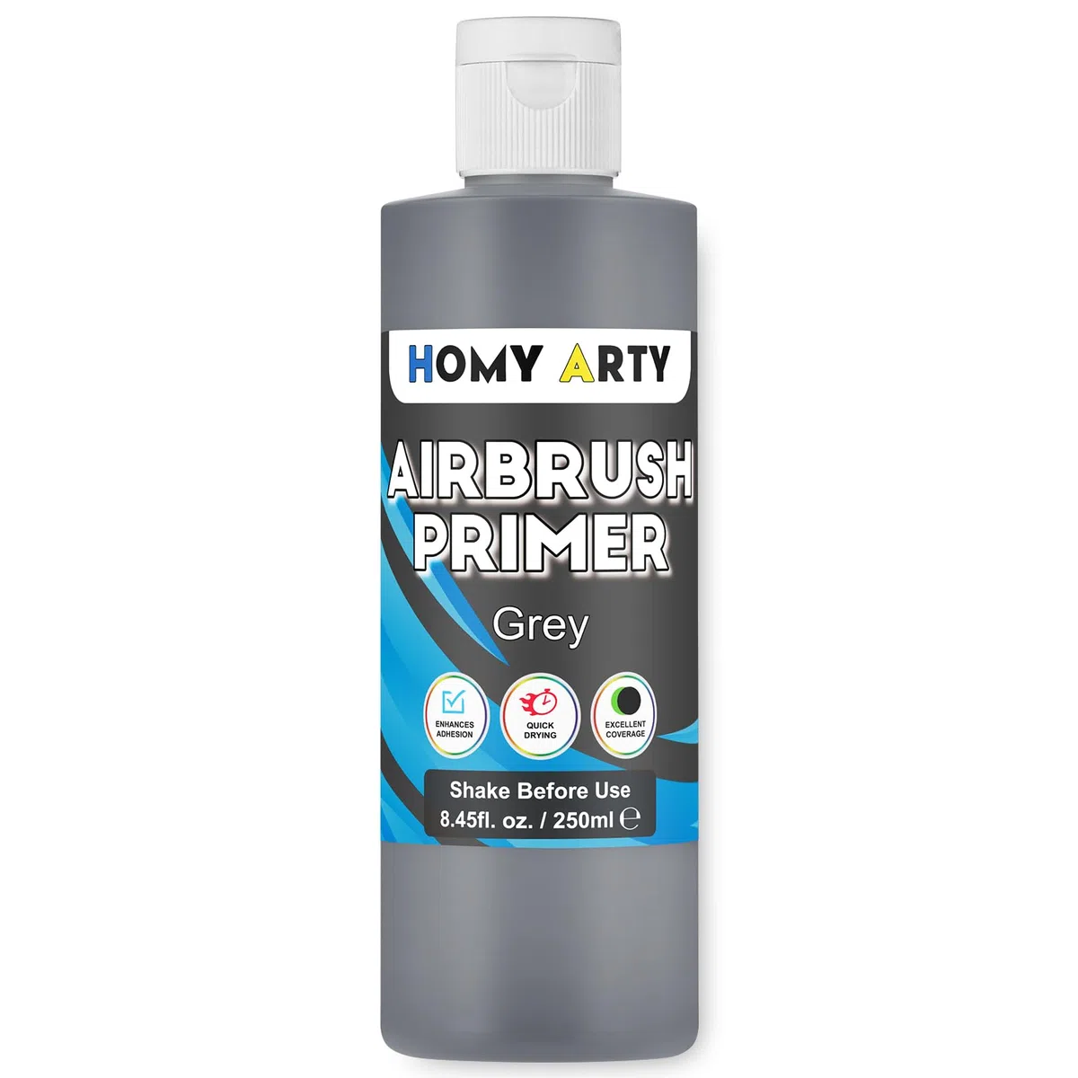 HOMY ARTY Airbrush Primer - Grau Acrylgrundierung für Airbrush, 250 ml schnelltrocknende, matte Grundierung, für Airbrush Farbe mit ausgezeichneter Haftung auf Kunststoffmodellen, Metall, Leinwand