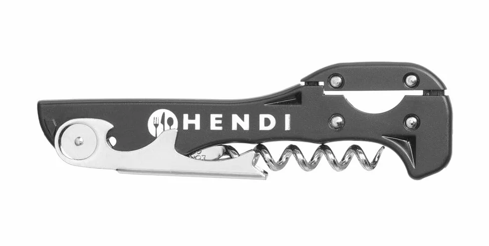HENDI Kellnerkorkenzieher, mit Griff aus ABS Kunststoff, 3 Funktionen, Patentierter Hebel und Folienschneider, Korkenzieher & Flaschenöffner, 37x130x(H)14mm, Edelstahl, ABS Kunststoff