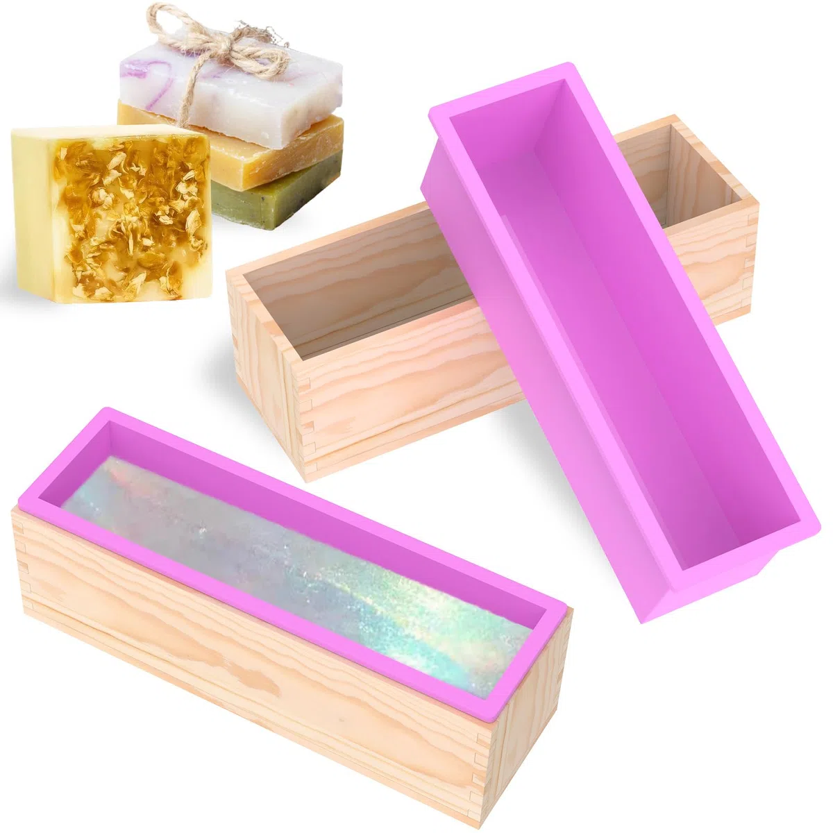 2 Stück Seifenformen Silikon, 1200ML Seifenform mit Holzbox, Rechteckig Silikonform Seife, Seifenherstellung Zubehör Form, vielseitig Silikonformen für Seife Selber Machen Kuchen Pudding