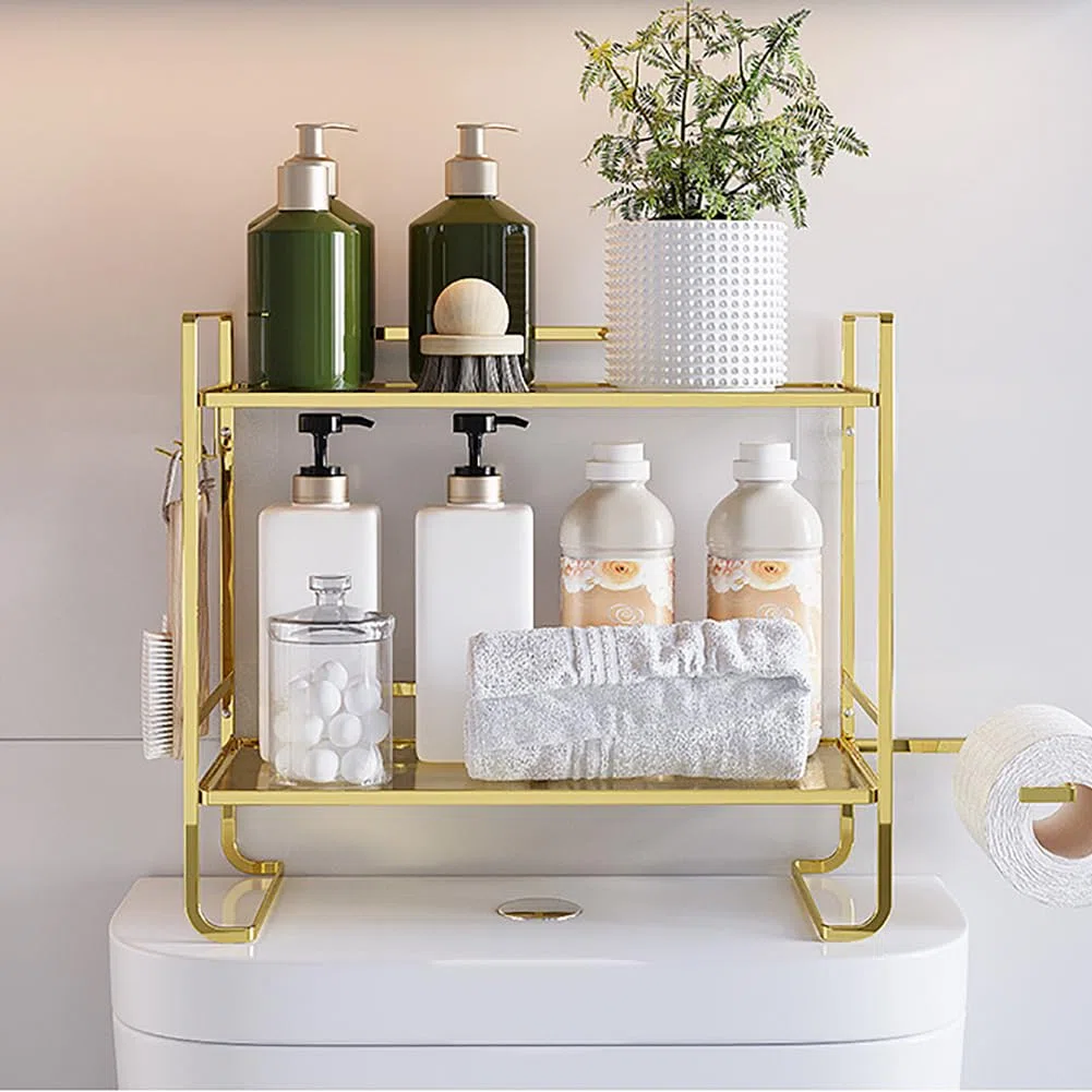 Aufbewahrungsregal über der Toilette,2-stufiger Badezimmer Aufbewahrungs Organizer aus Metall mit 2 Haken, Papierhalter, Regal für den Toilettenspülkasten, Schwarz