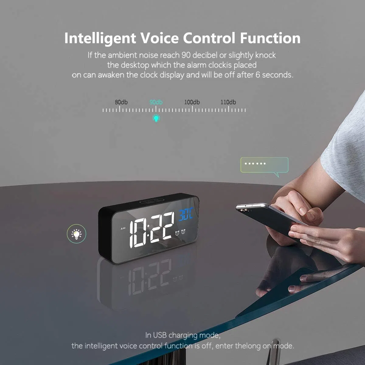 Digitaler Wecker mit großer LED-Temperaturanzeige, tragbarer Spiegelalarm mit Doppelalarm, Zeit-Dimmer, Helligkeitsdimmer in 4 Stufen verstellbar (schwarz)